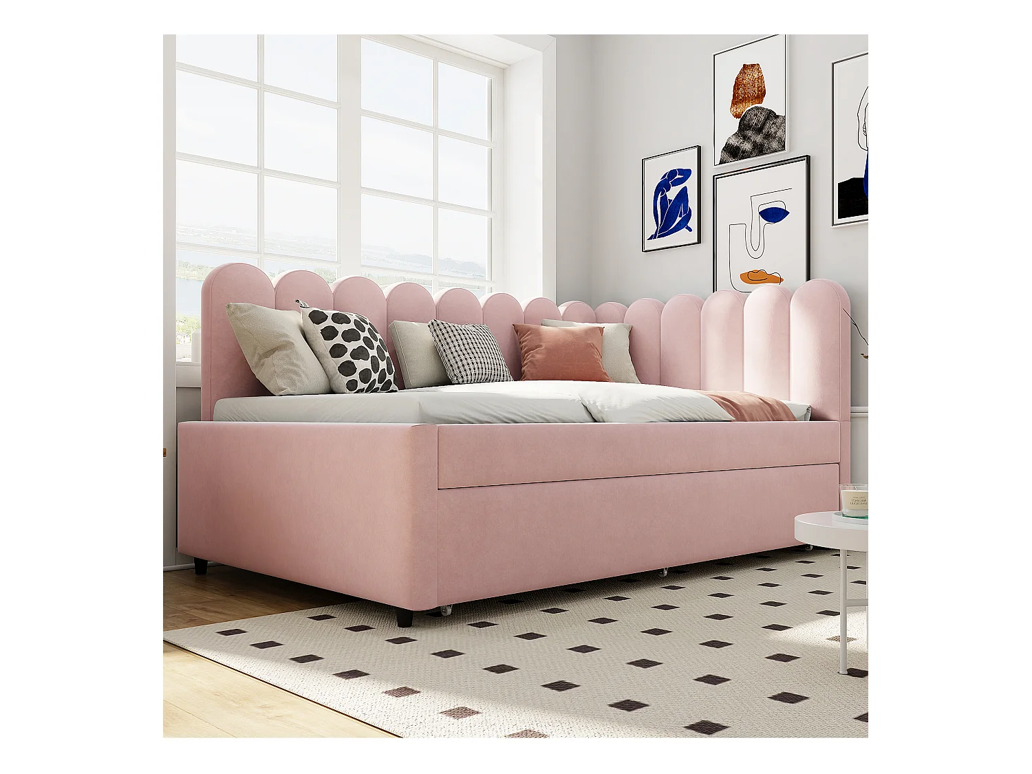 Canapé-lit rembourré 2 en 1 pour enfant - 140 x 200 cm + 90 x 190 cm - en forme de L - Velours + contreplaqué + MDF - rose