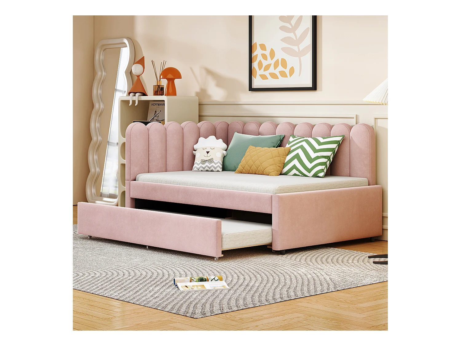 Canapé-lit rembourré 2 en 1 pour enfant - 140 x 200 cm + 90 x 190 cm - en forme de L - Velours + contreplaqué + MDF - rose