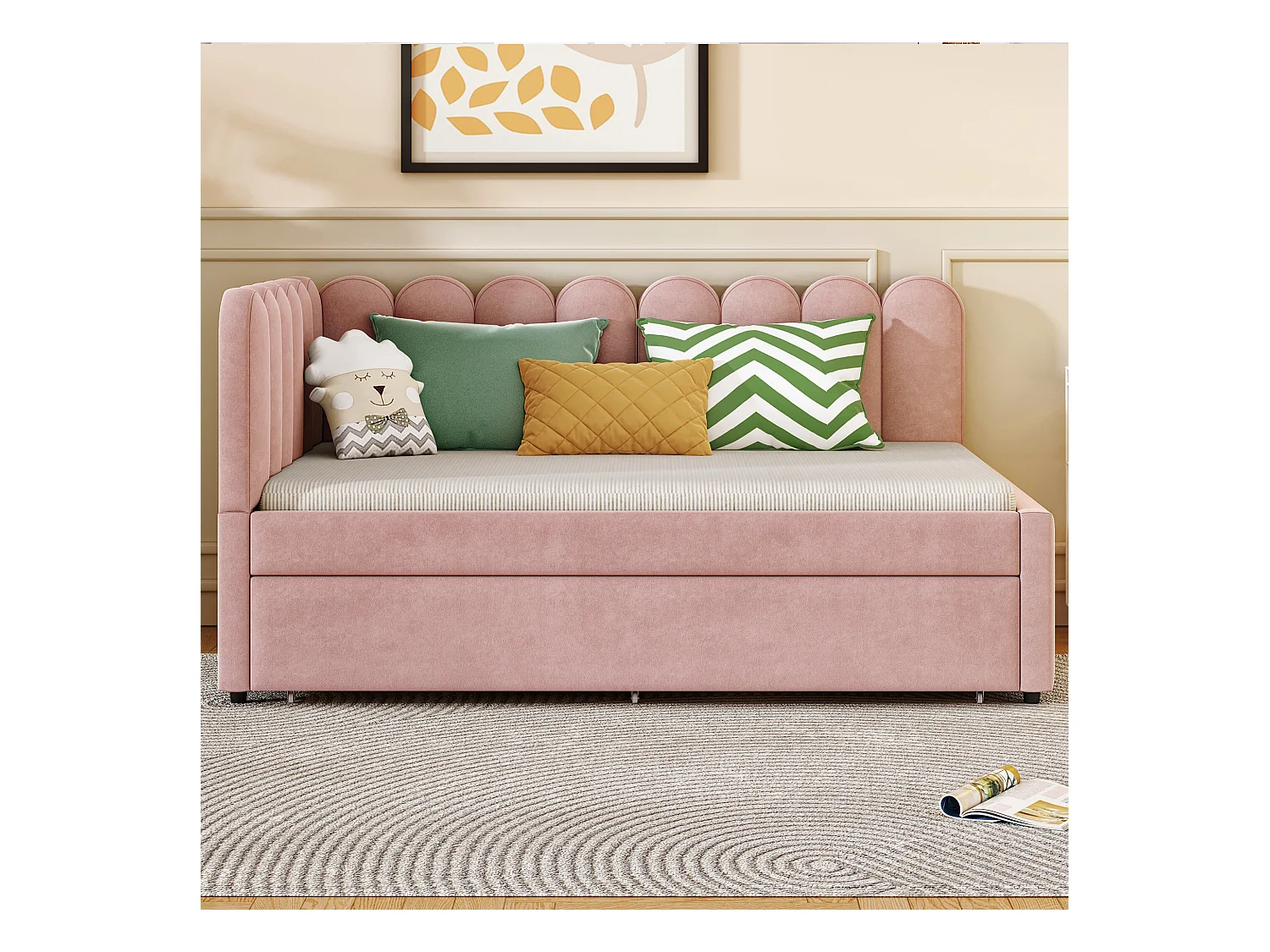 Canapé-lit rembourré 2 en 1 pour enfant - 140 x 200 cm + 90 x 190 cm - en forme de L - Velours + contreplaqué + MDF - rose