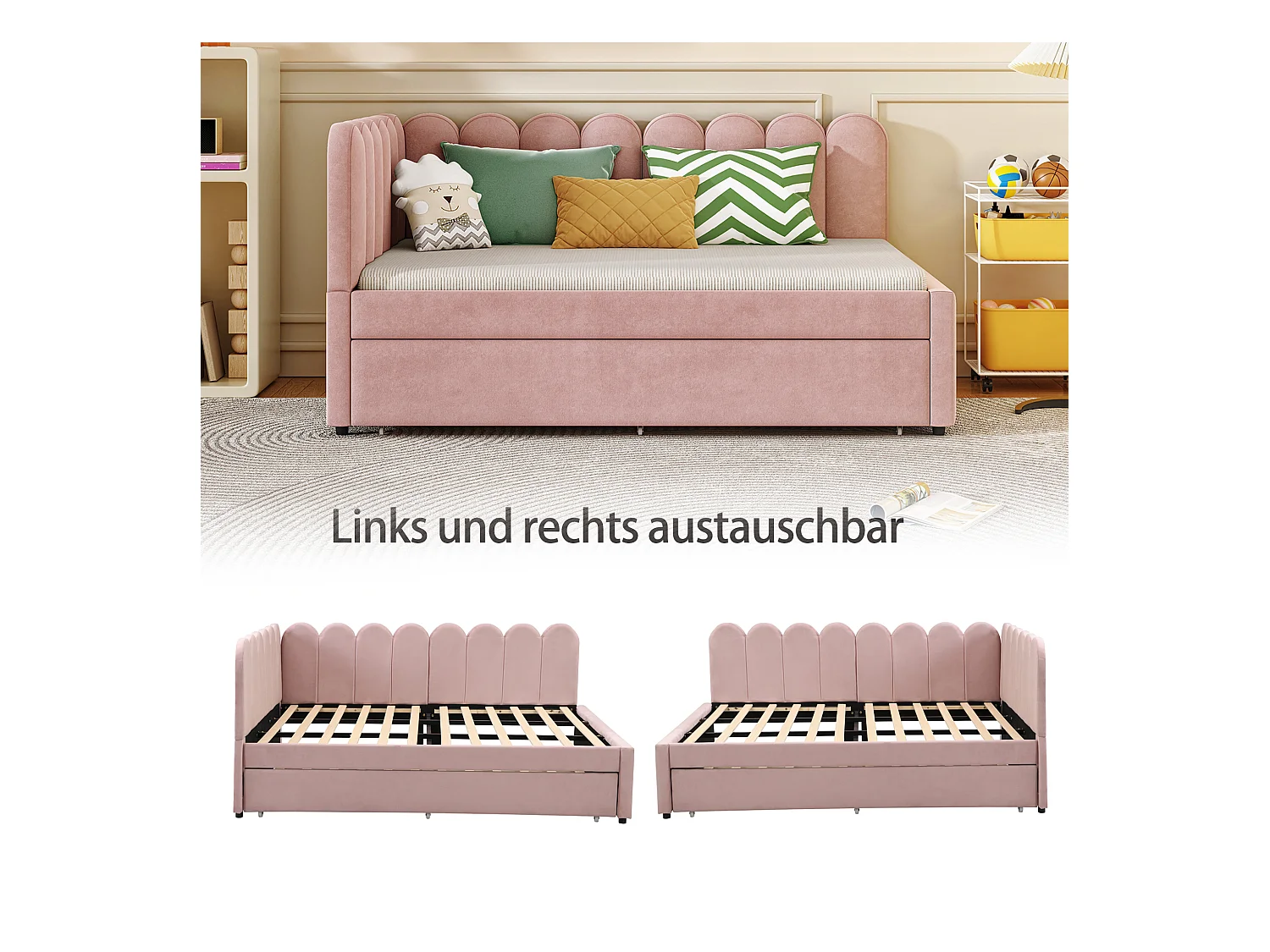 Canapé-lit rembourré 2 en 1 pour enfant - 140 x 200 cm + 90 x 190 cm - en forme de L - Velours + contreplaqué + MDF - rose