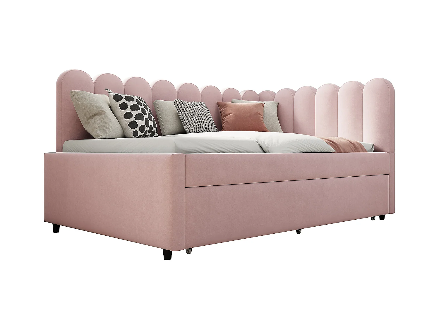 Canapé-lit rembourré 2 en 1 pour enfant - 140 x 200 cm + 90 x 190 cm - en forme de L - Velours + contreplaqué + MDF - rose