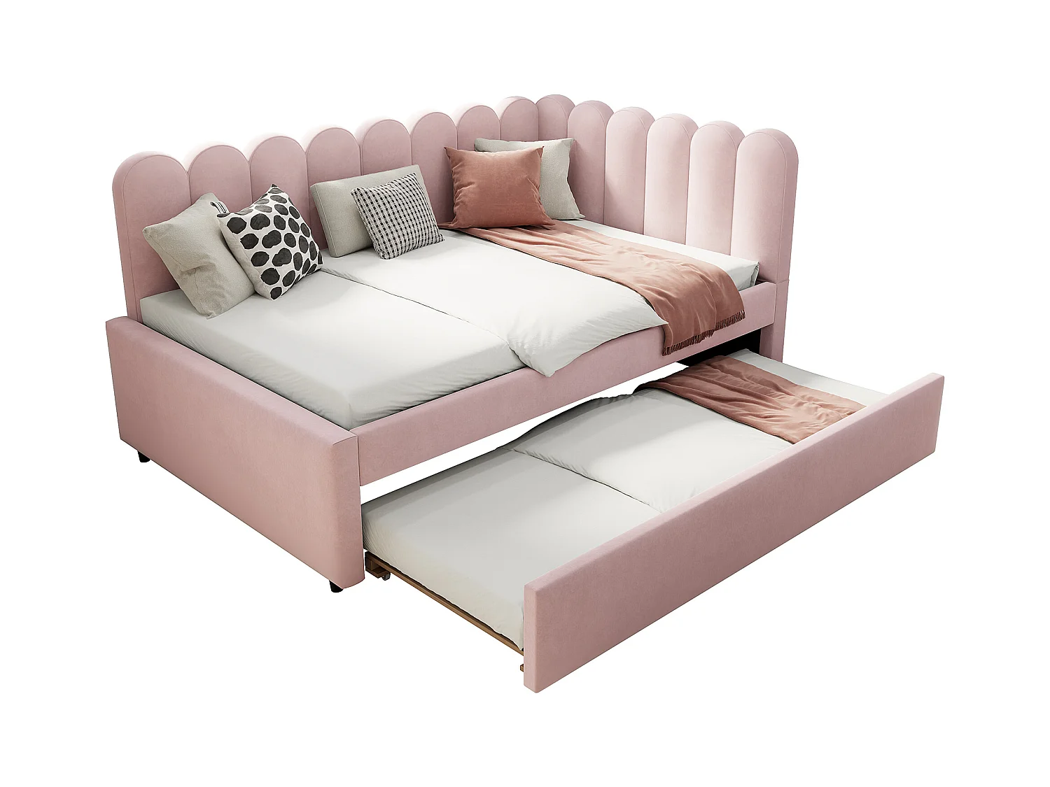Canapé-lit rembourré 2 en 1 pour enfant - 140 x 200 cm + 90 x 190 cm - en forme de L - Velours + contreplaqué + MDF - rose