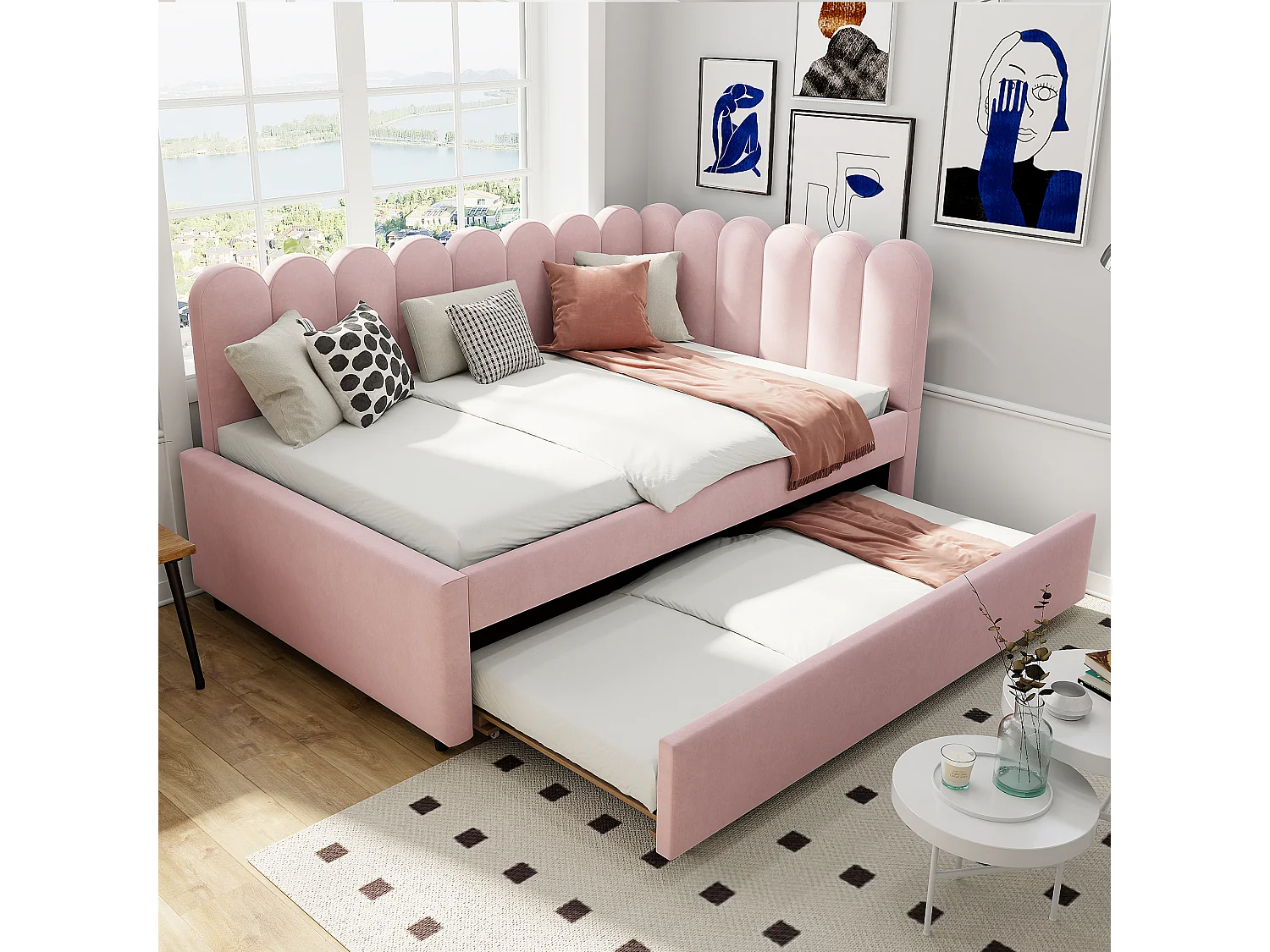 2-in-1-Polsterschlafsofa für Kinder – 140 x 200 cm + 90 x 190 cm – L-Form – Samt + Sperrholz + MDF – Rosa