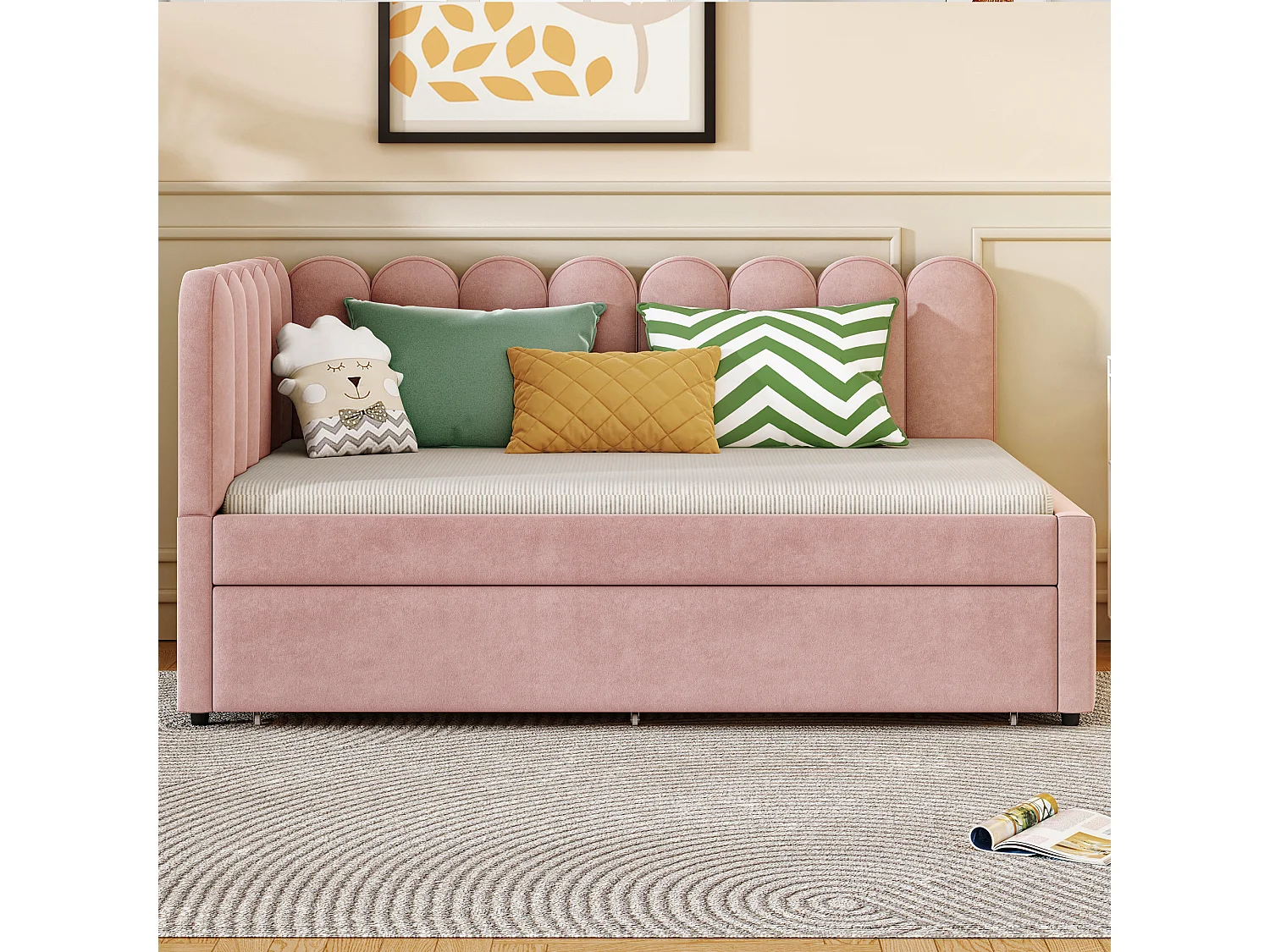 2-in-1-Polsterschlafsofa für Kinder – 140 x 200 cm + 90 x 190 cm – L-Form – Samt + Sperrholz + MDF – Rosa