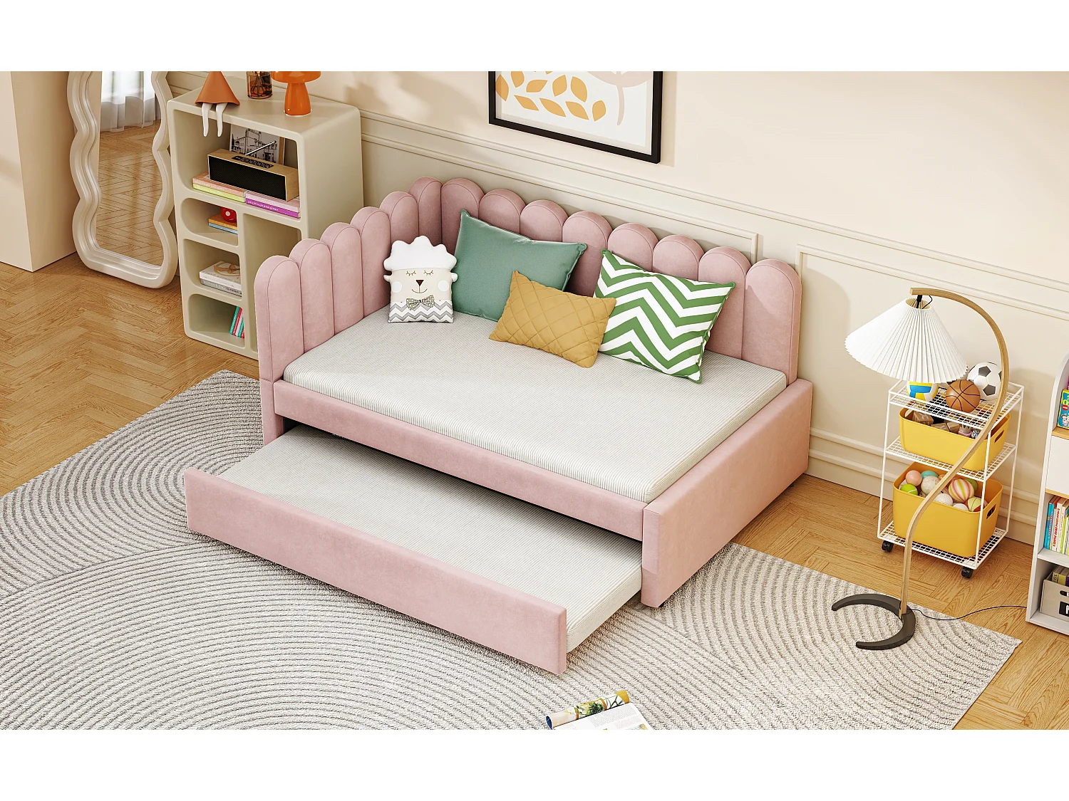 2-in-1-Polsterschlafsofa für Kinder – 140 x 200 cm + 90 x 190 cm – L-Form – Samt + Sperrholz + MDF – Rosa