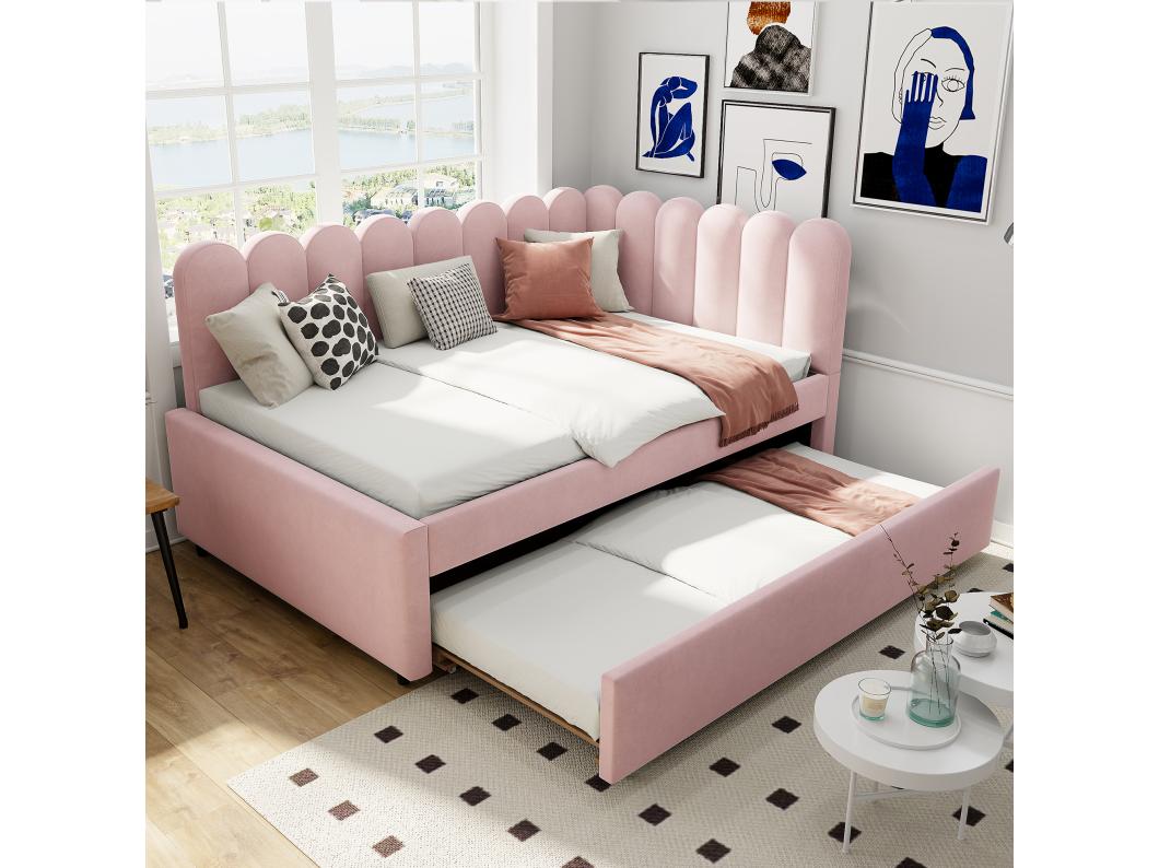 Rozkładana sofa 2 w 1 dla dzieci - 140 x 200 cm + 90 x 190 cm - w kształcie litery L - aksamit + sklejka + MDF - różowy