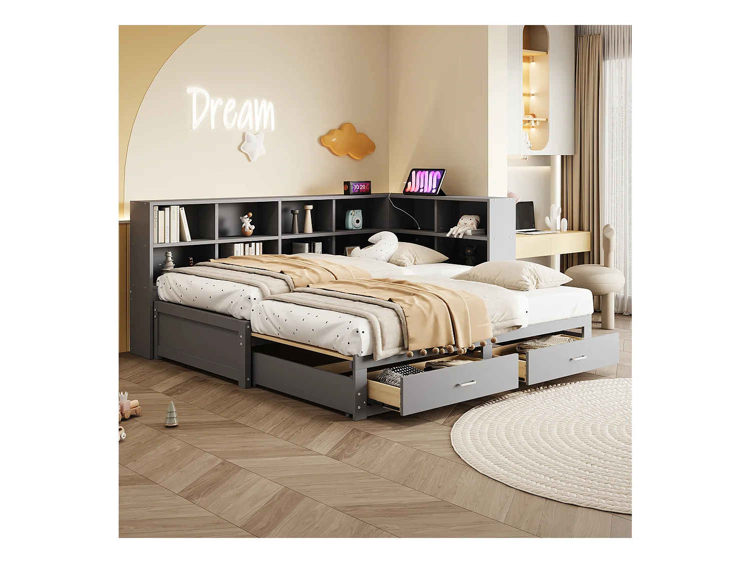 Canapé-lit gigogne - 90/180 x 190 cm - avec compartiment de rangement + 2 tiroirs + prise - Pin + contreplaqué + MDF - gris