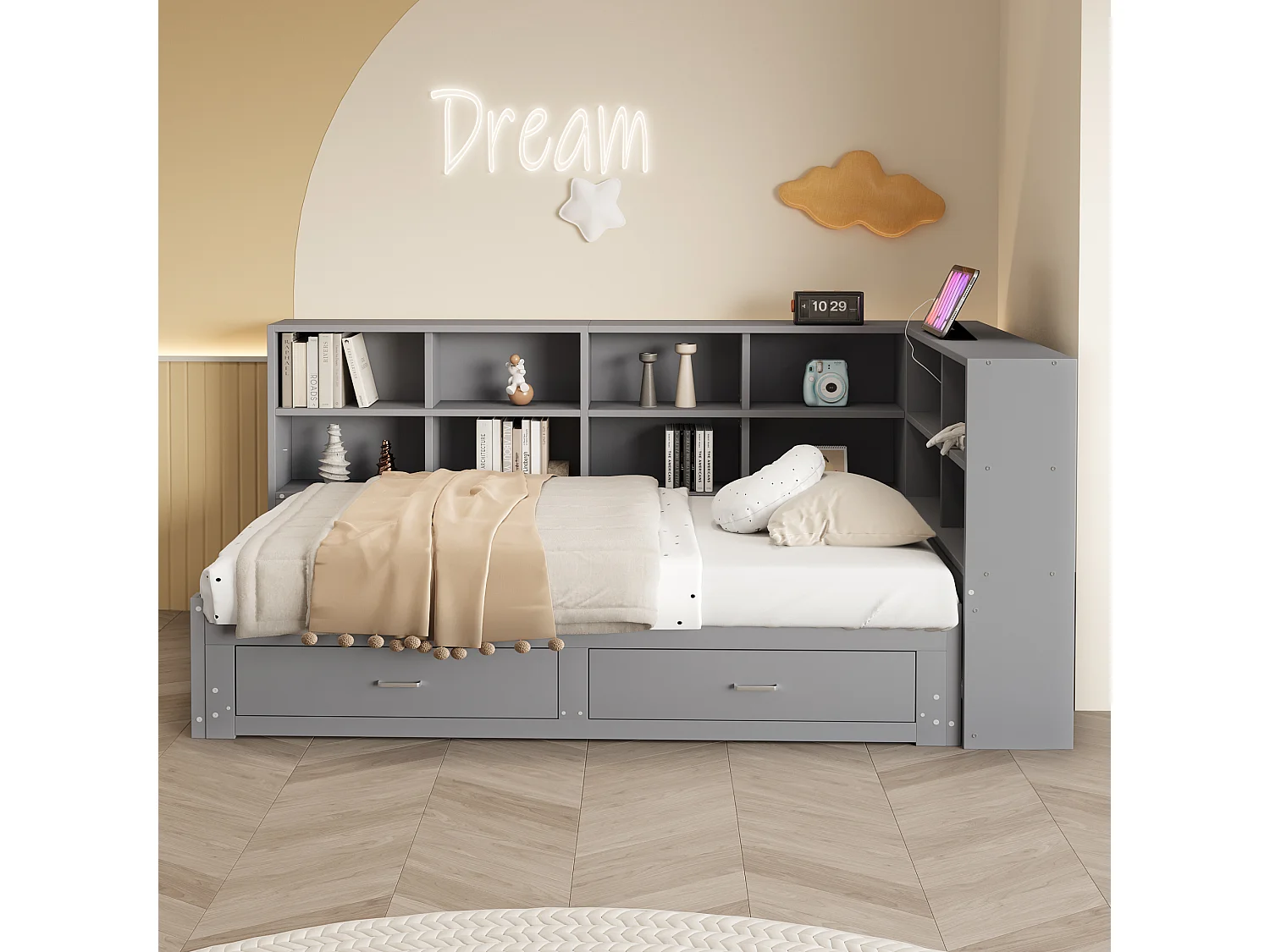 Rozkładana sofa - 90/180 x 190 cm - ze schowkiem + 2 szuflady + gniazdo - sosna + sklejka + MDF - szary