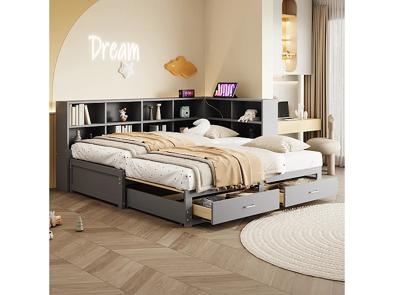 Rozkładana sofa - 90/180 x 190 cm - ze schowkiem + 2 szuflady + gniazdo - sosna + sklejka + MDF - szary