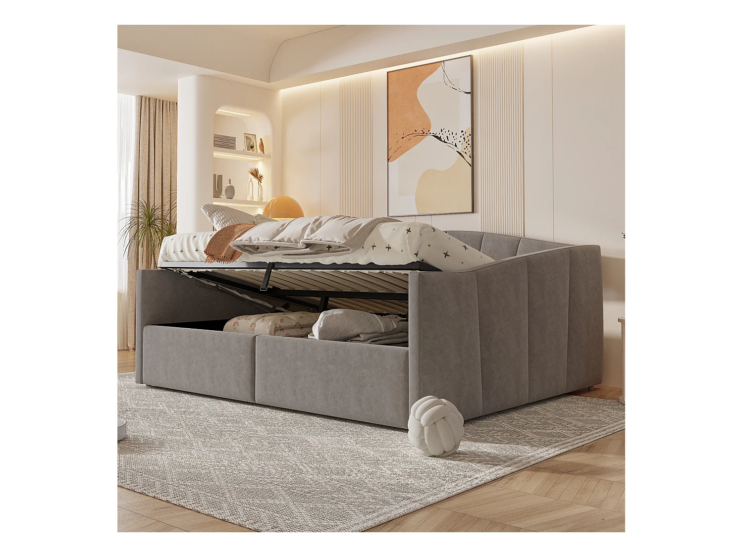 Canapé-lit rembourré double - 140 x 200 cm - avec rangement hydraulique + accoudoirs - velours + métal + contreplaqué + MDF - gris