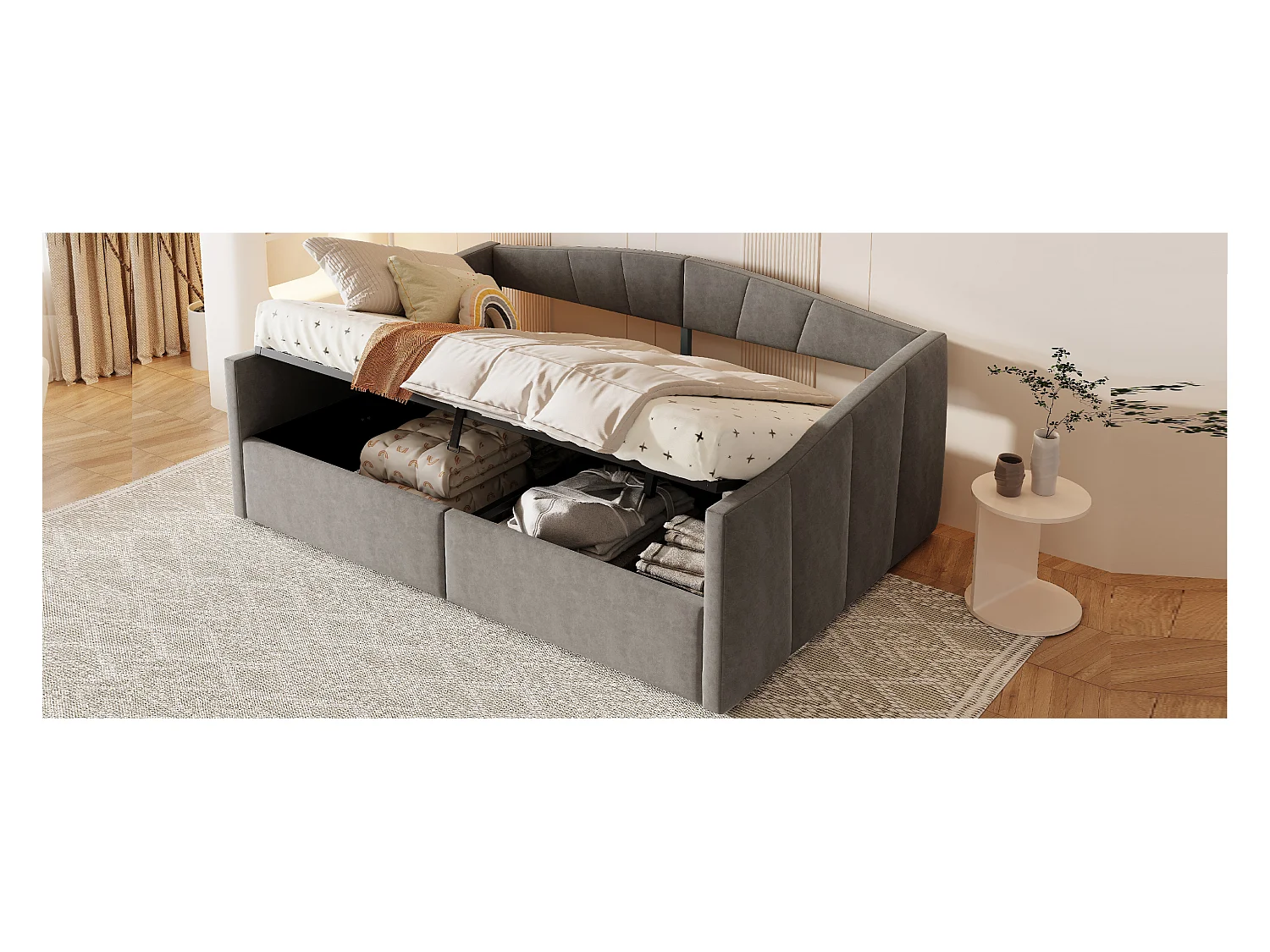 Canapé-lit rembourré double - 140 x 200 cm - avec rangement hydraulique + accoudoirs - velours + métal + contreplaqué + MDF - gris