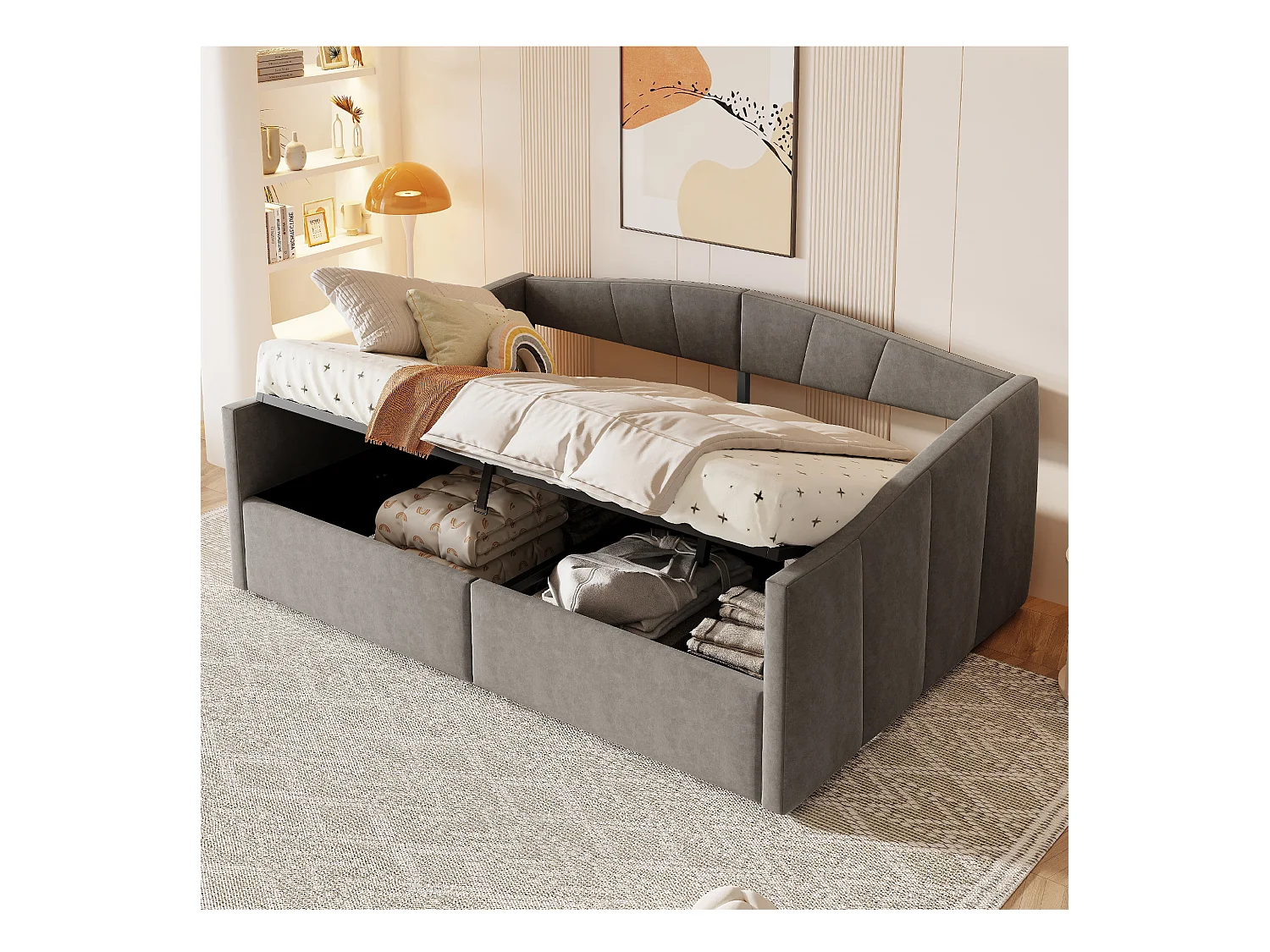 Tapicerowana sofa z funkcją spania dla dwóch osób - 140 x 200 cm - z hydraulicznym schowkiem + podłokietnikami - aksamit + metal + sklejka + MDF - szary
