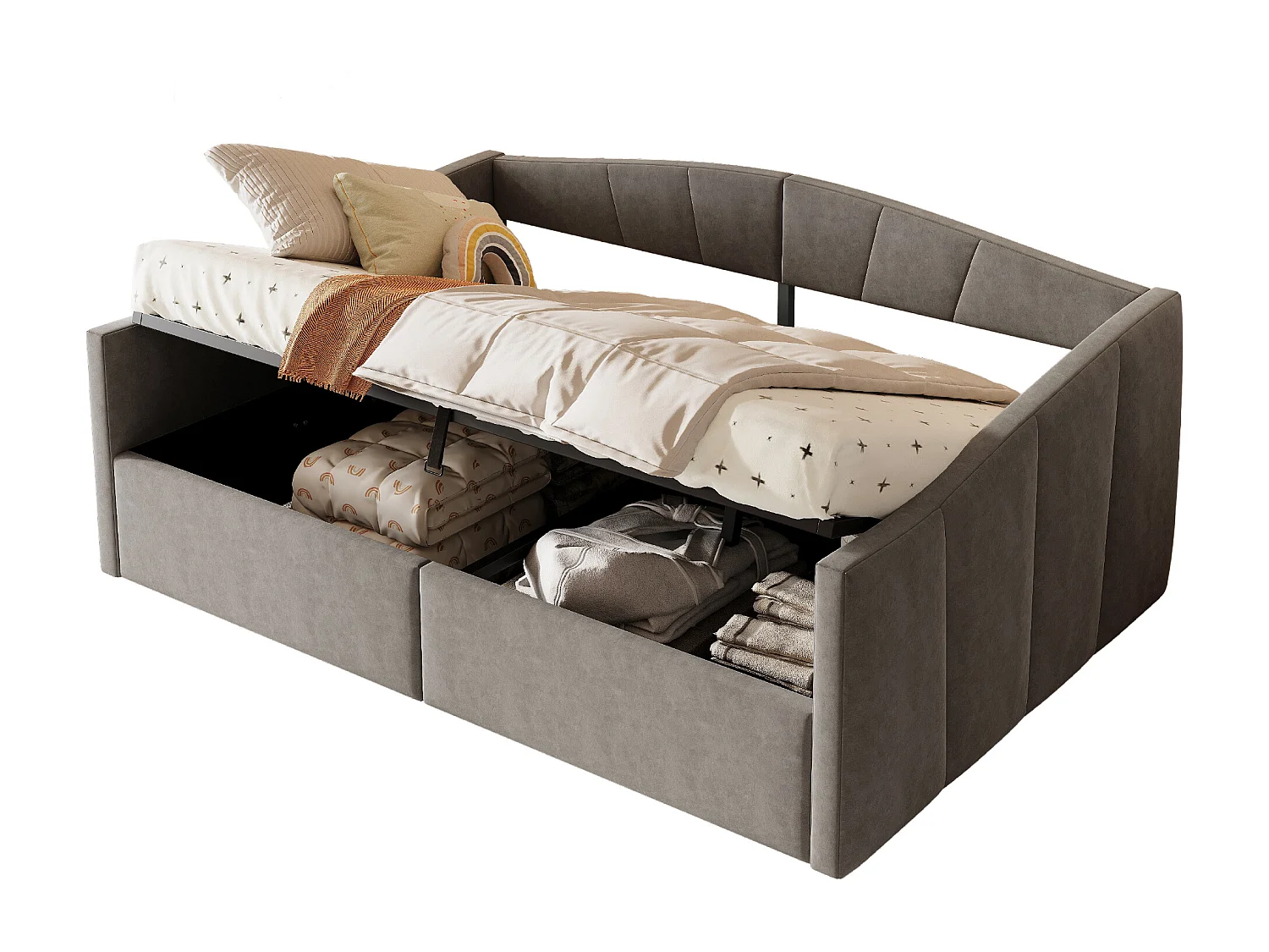 Canapé-lit rembourré double - 140 x 200 cm - avec rangement hydraulique + accoudoirs - velours + métal + contreplaqué + MDF - gris