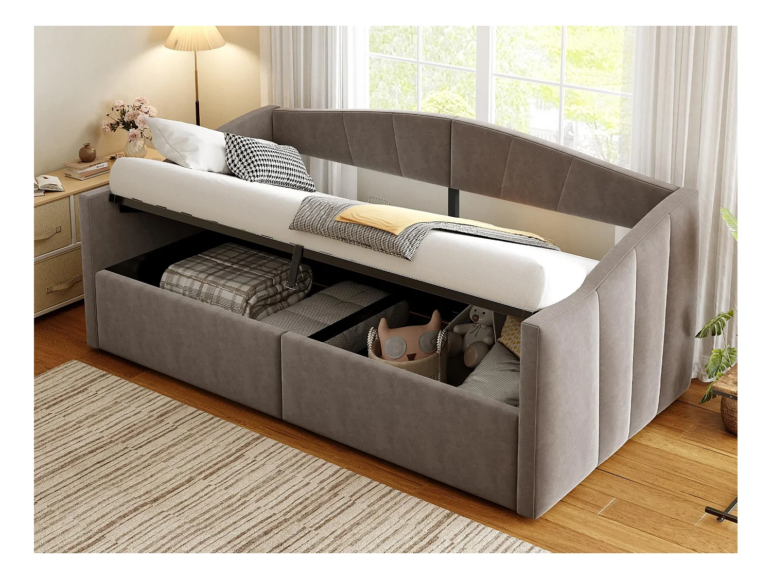 Canapé-lit rembourré 90x200 cm - avec sommier à lattes - tissu velours - gris (matelas non inclus)