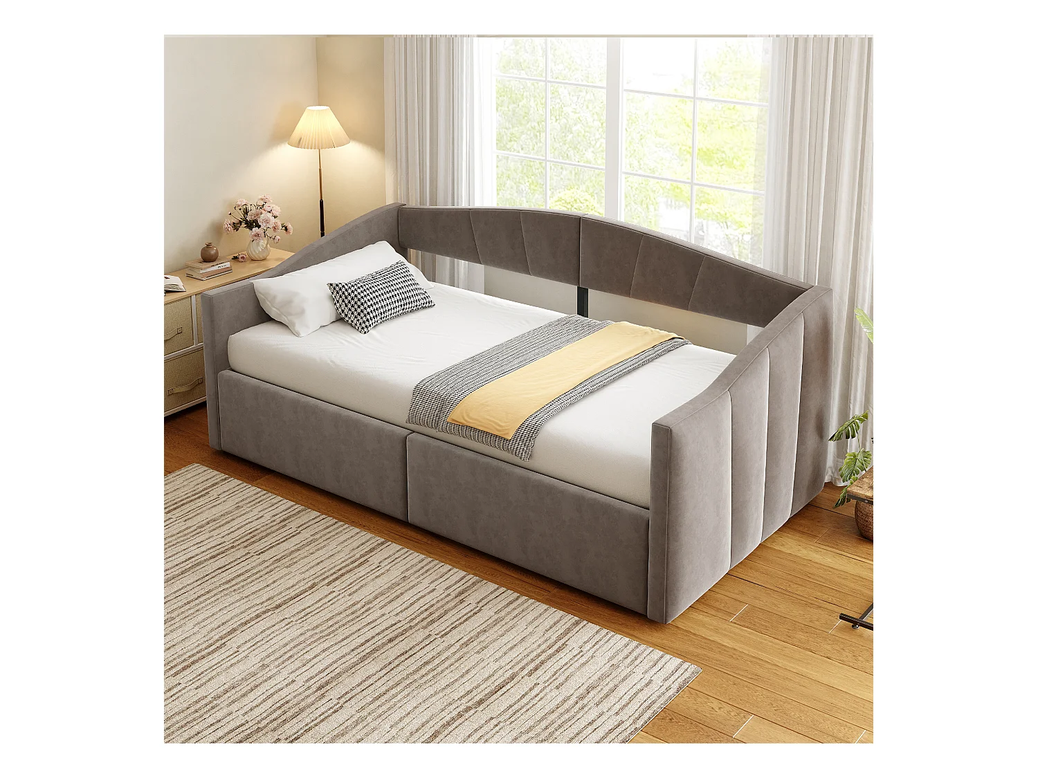 Canapé-lit rembourré 90x200 cm - avec sommier à lattes - tissu velours - gris (matelas non inclus)