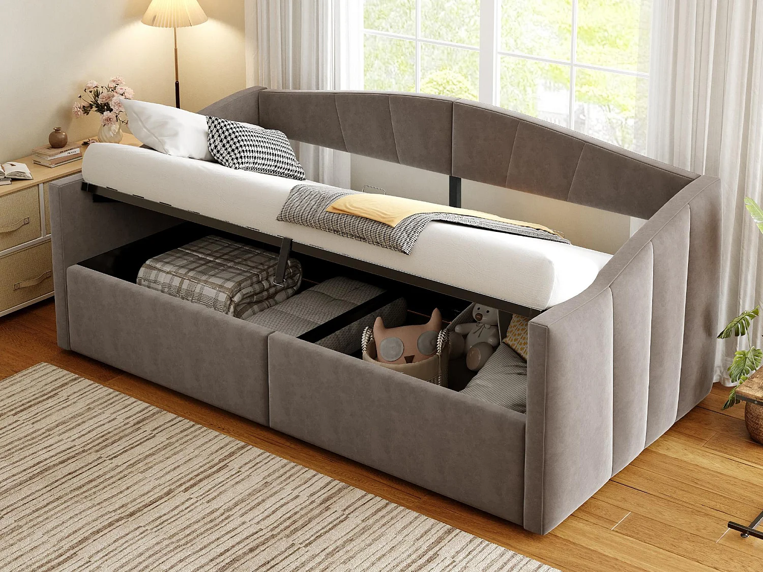 Canapé-lit rembourré 90x200 cm - avec sommier à lattes - tissu velours - gris (matelas non inclus)