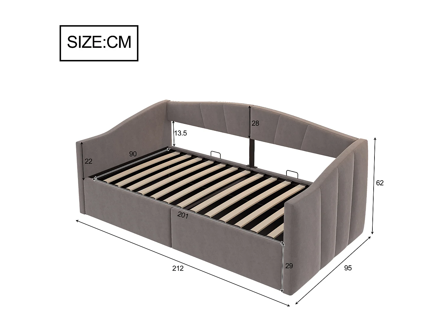 Canapé-lit rembourré 90x200 cm - avec sommier à lattes - tissu velours - gris (matelas non inclus)