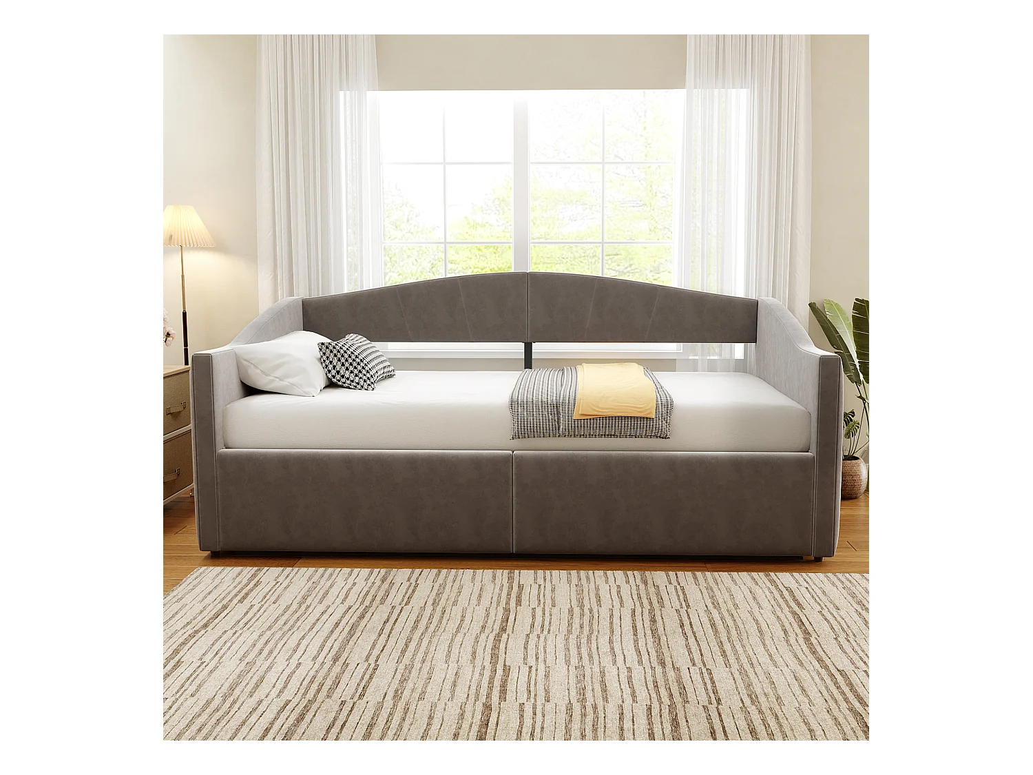 Divano letto imbottito - 90 x 200 cm - con contenitore idraulico + braccioli - velluto + metallo + compensato + MDF - grigio