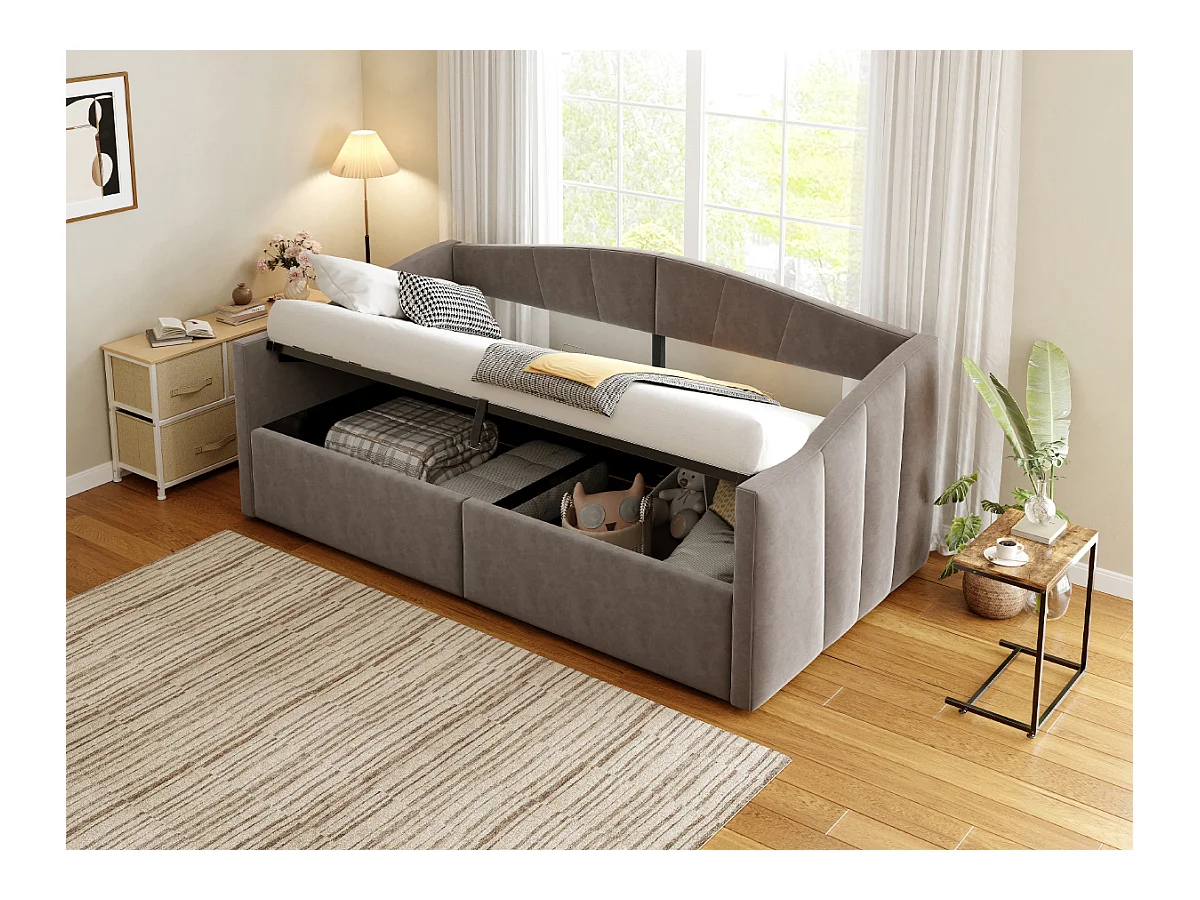 Divano letto imbottito - 90 x 200 cm - con contenitore idraulico + braccioli - velluto + metallo + compensato + MDF - grigio