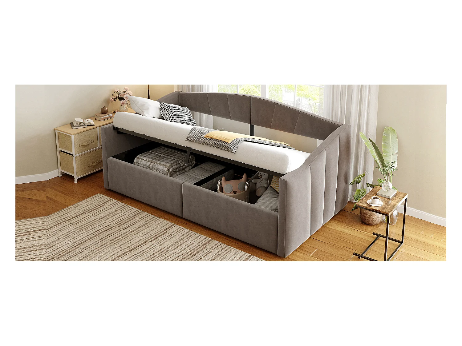 Divano letto imbottito - 90 x 200 cm - con contenitore idraulico + braccioli - velluto + metallo + compensato + MDF - grigio