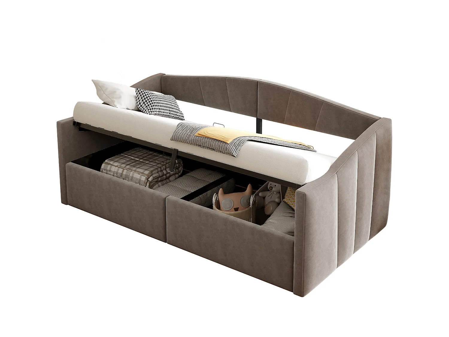 Divano letto imbottito - 90 x 200 cm - con contenitore idraulico + braccioli - velluto + metallo + compensato + MDF - grigio