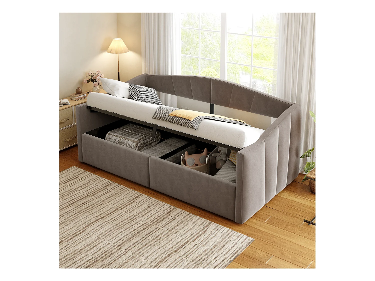 Tapicerowana sofa z funkcją spania - 90 x 200 cm - z hydraulicznym schowkiem + podłokietnikami - aksamit + metal + sklejka + MDF - szary