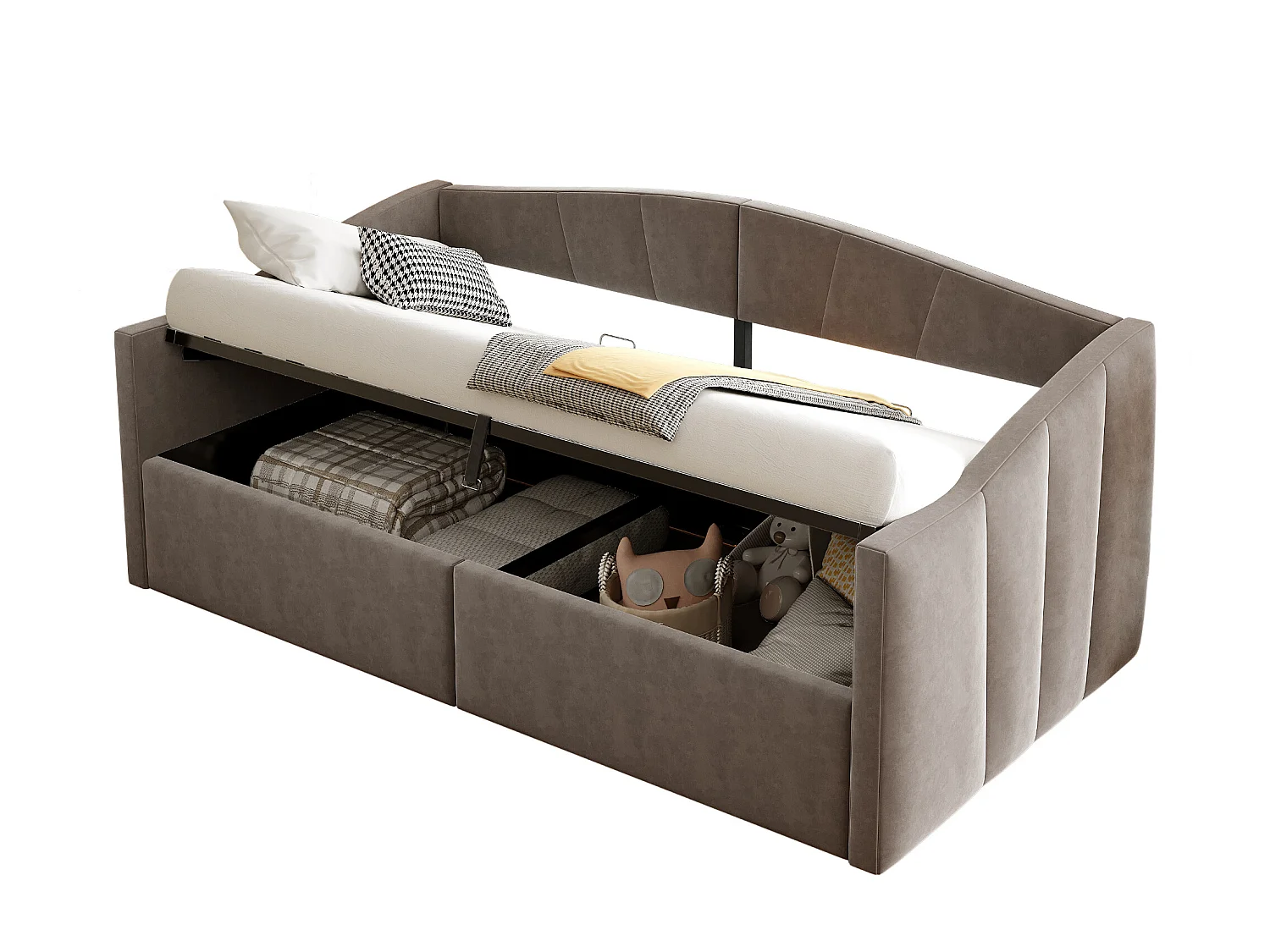 Canapé-lit rembourré - 90 x 200 cm - avec rangement hydraulique + accoudoirs - velours + métal + contreplaqué + MDF - gris