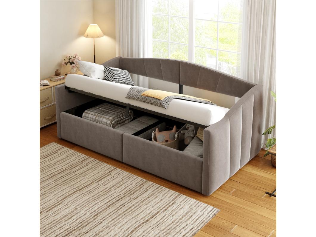 Divano letto imbottito - 90 x 200 cm - con contenitore idraulico + braccioli - velluto + metallo + compensato + MDF - grigio