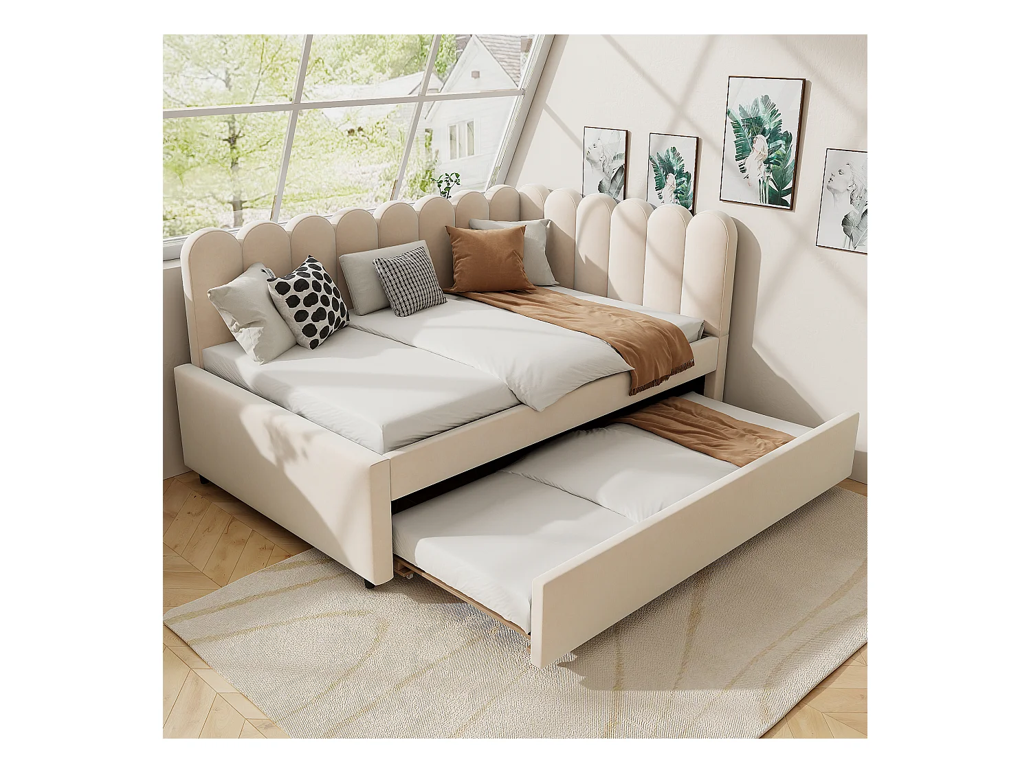 Canapé-lit rembourré 2 en 1 pour enfant - 140 x 200 cm + 90 x 190 cm - en forme de L - Velours + contreplaqué + MDF - beige