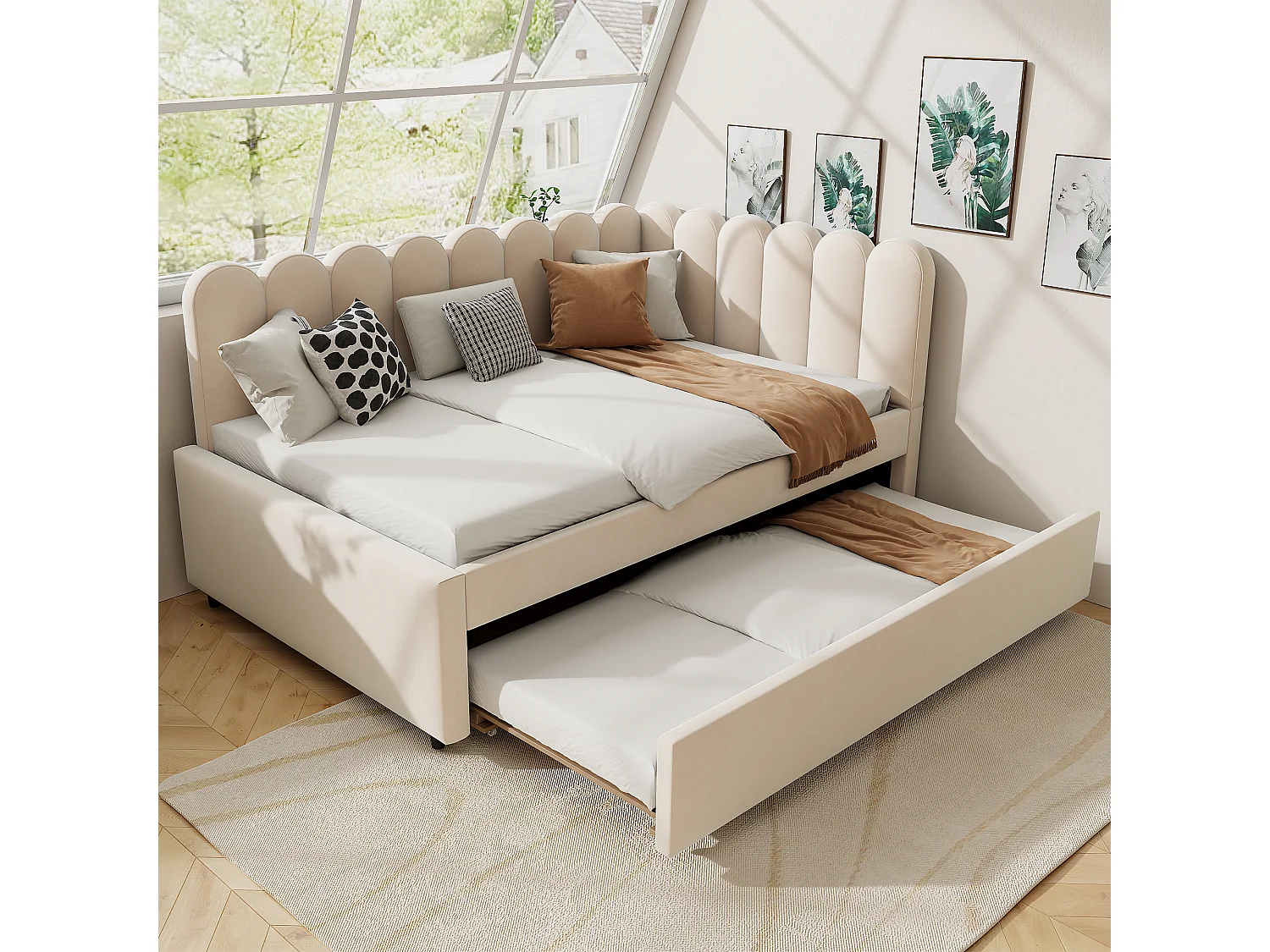 2-in-1-Polsterschlafsofa für Kinder – 140 x 200 cm + 90 x 190 cm – L-Form – Samt + Sperrholz + MDF – Beige
