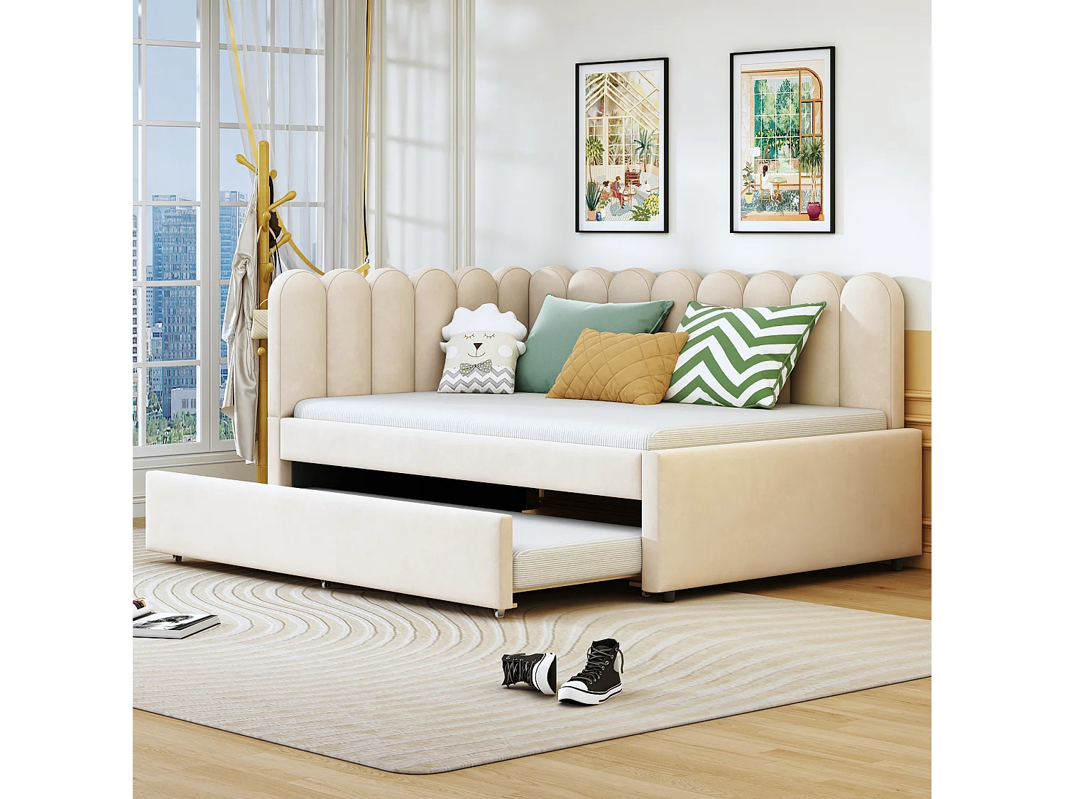 2-in-1-Polsterschlafsofa für Kinder – 140 x 200 cm + 90 x 190 cm – L-Form – Samt + Sperrholz + MDF – Beige