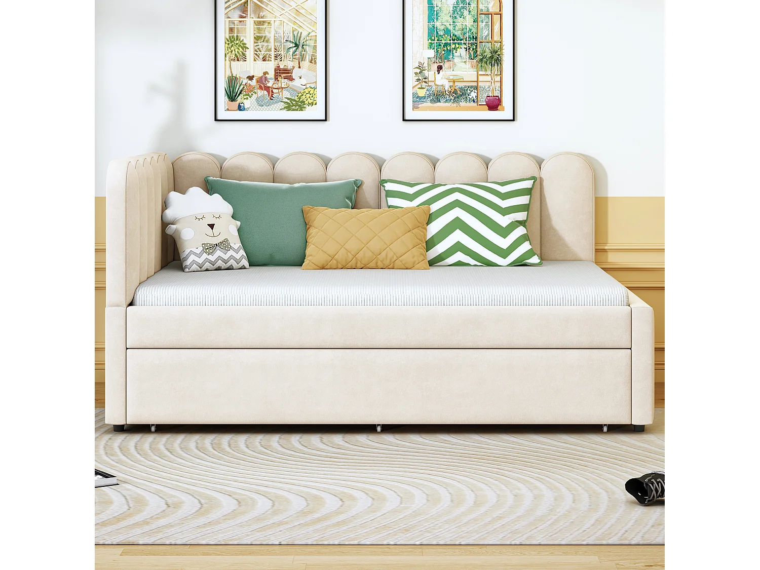 2-in-1-Polsterschlafsofa für Kinder – 140 x 200 cm + 90 x 190 cm – L-Form – Samt + Sperrholz + MDF – Beige