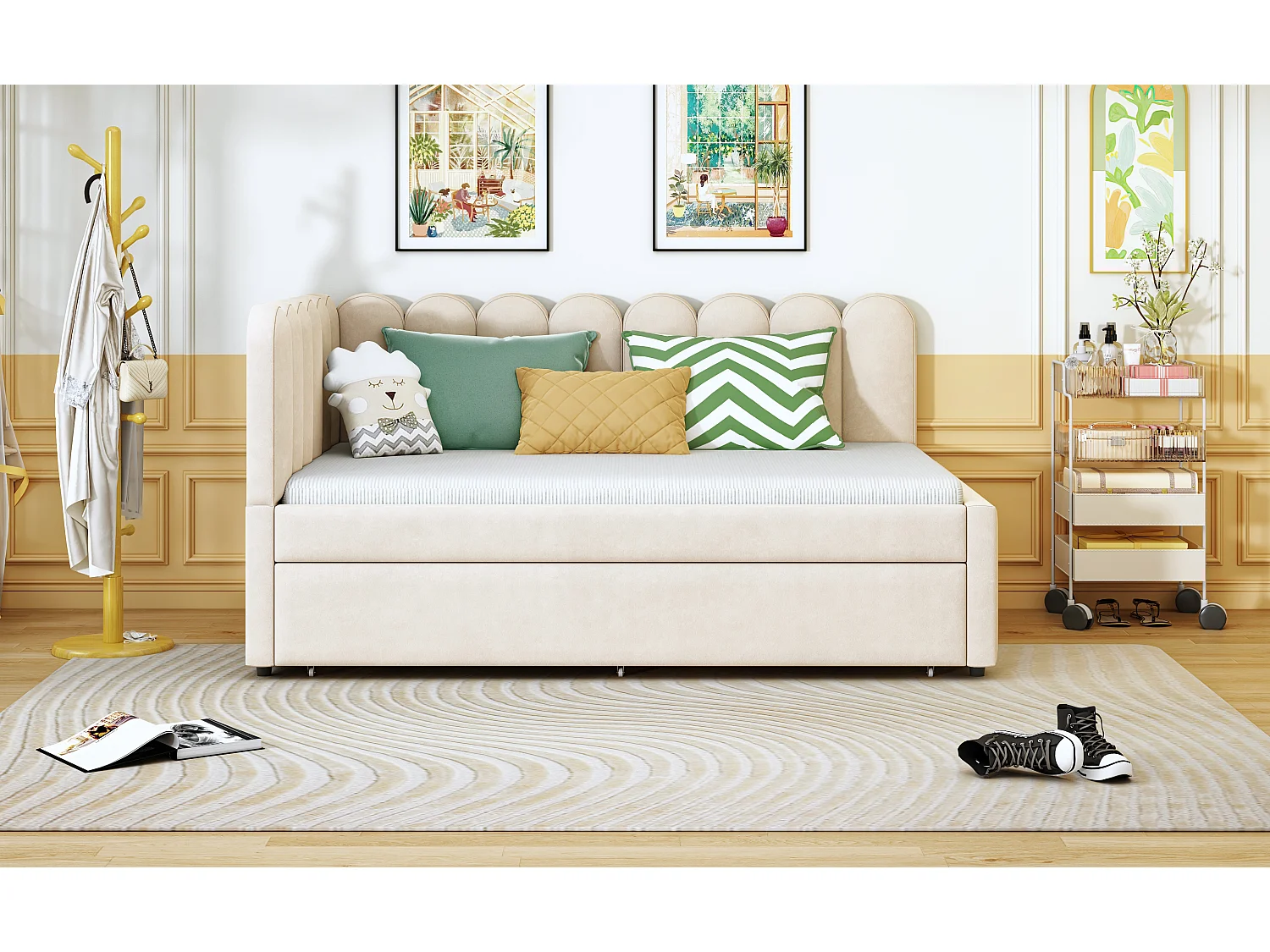 2-in-1-Polsterschlafsofa für Kinder – 140 x 200 cm + 90 x 190 cm – L-Form – Samt + Sperrholz + MDF – Beige