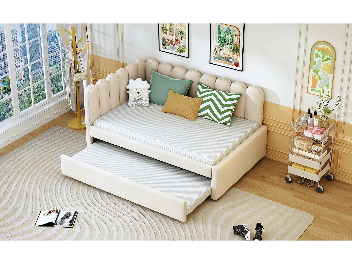 2-in-1-Polsterschlafsofa für Kinder – 140 x 200 cm + 90 x 190 cm – L-Form – Samt + Sperrholz + MDF – Beige