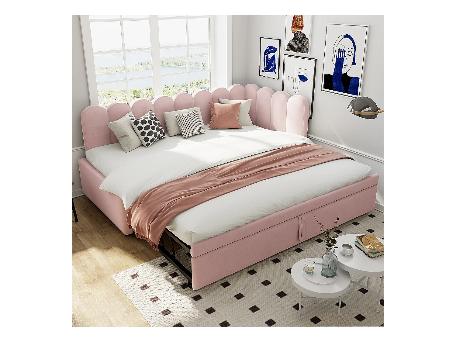 Canapé-lit rembourré 2 en 1 pour enfant - 90/180 x 200 cm - en forme de L - Velours + contreplaqué + MDF - rose