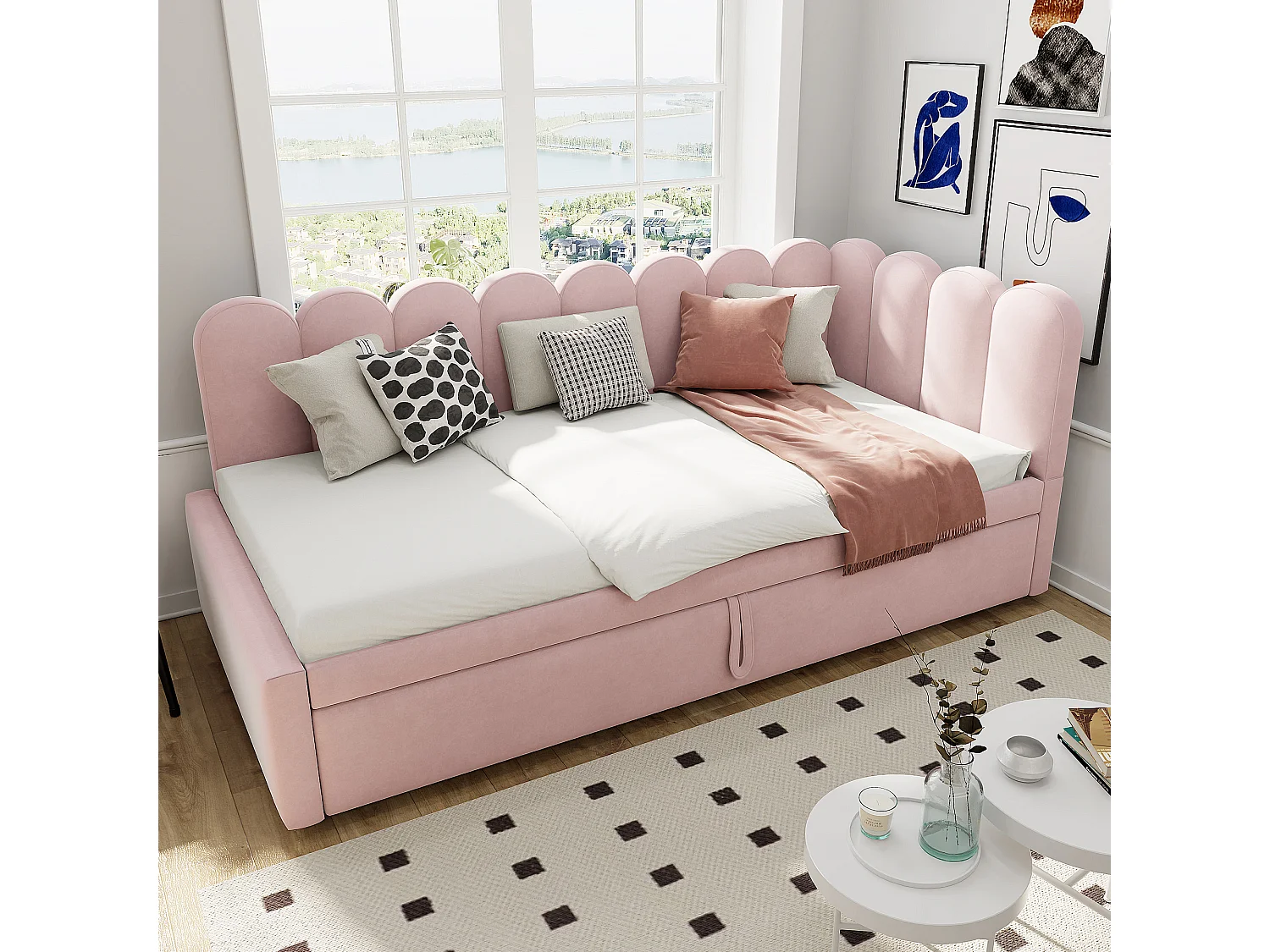 Canapé-lit rembourré 2 en 1 pour enfant - 90/180 x 200 cm - en forme de L - Velours + contreplaqué + MDF - rose