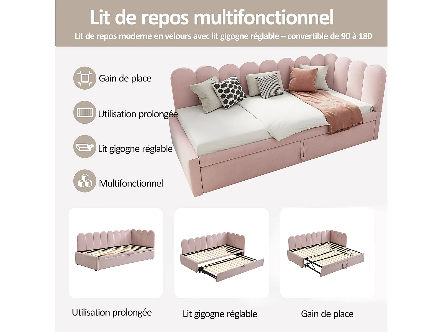 Canapé-lit rembourré 2 en 1 pour enfant - 90/180 x 200 cm - en forme de L - Velours + contreplaqué + MDF - rose
