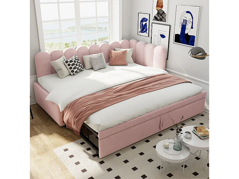 Divano letto imbottito 2 in 1 per bambini - 90/180 x 200 cm - a L - Velluto + compensato + MDF - Rosa