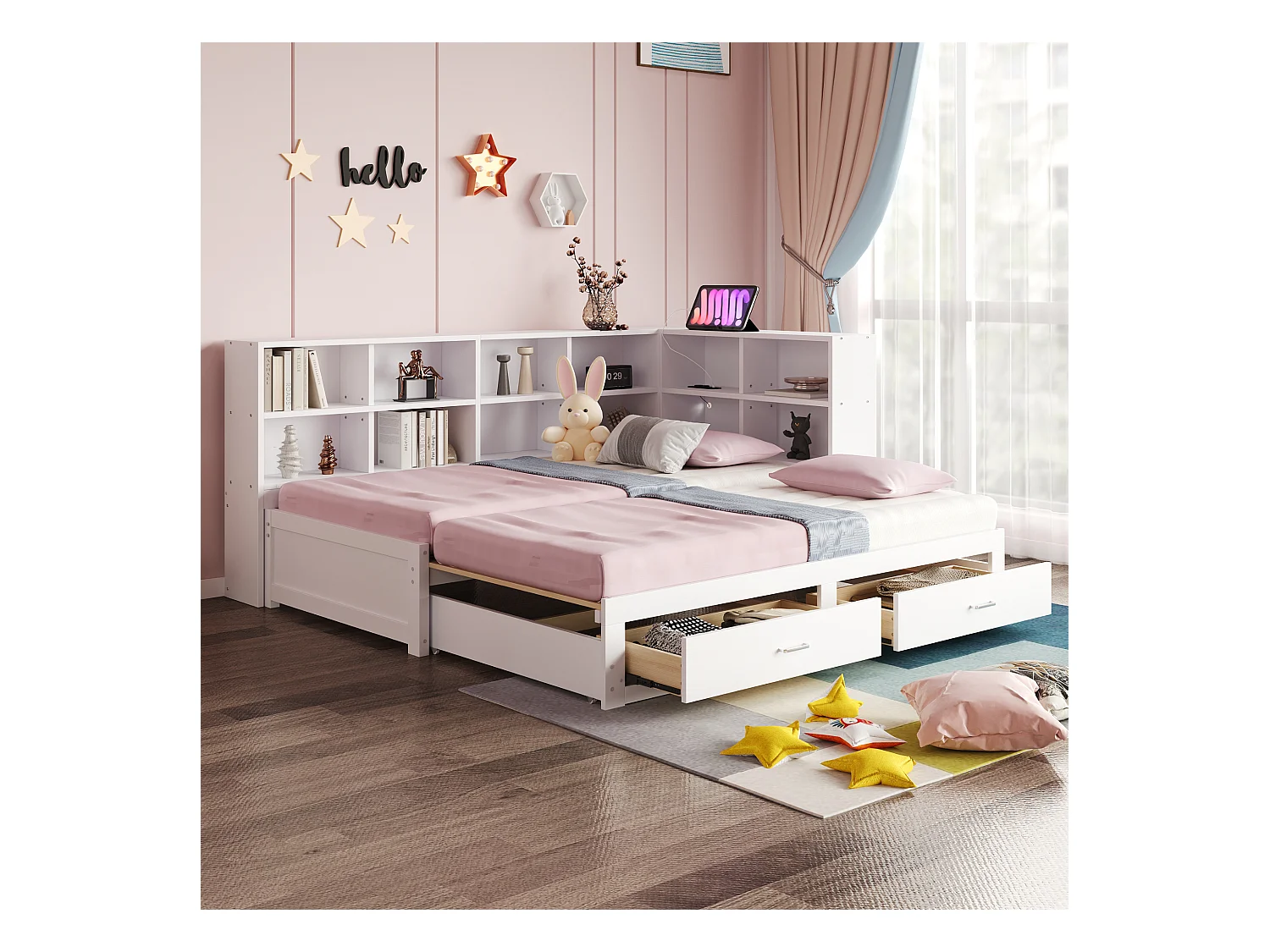 Canapé-lit gigogne - 90/180 x 190 cm - avec compartiment de rangement + 2 tiroirs + prise - Pin + contreplaqué + MDF - blanc