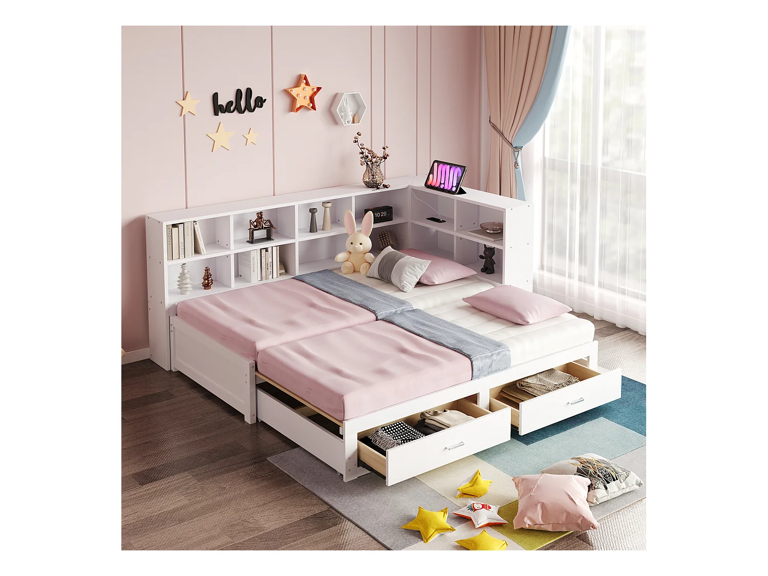 Canapé-lit gigogne - 90/180 x 190 cm - avec compartiment de rangement + 2 tiroirs + prise - Pin + contreplaqué + MDF - blanc