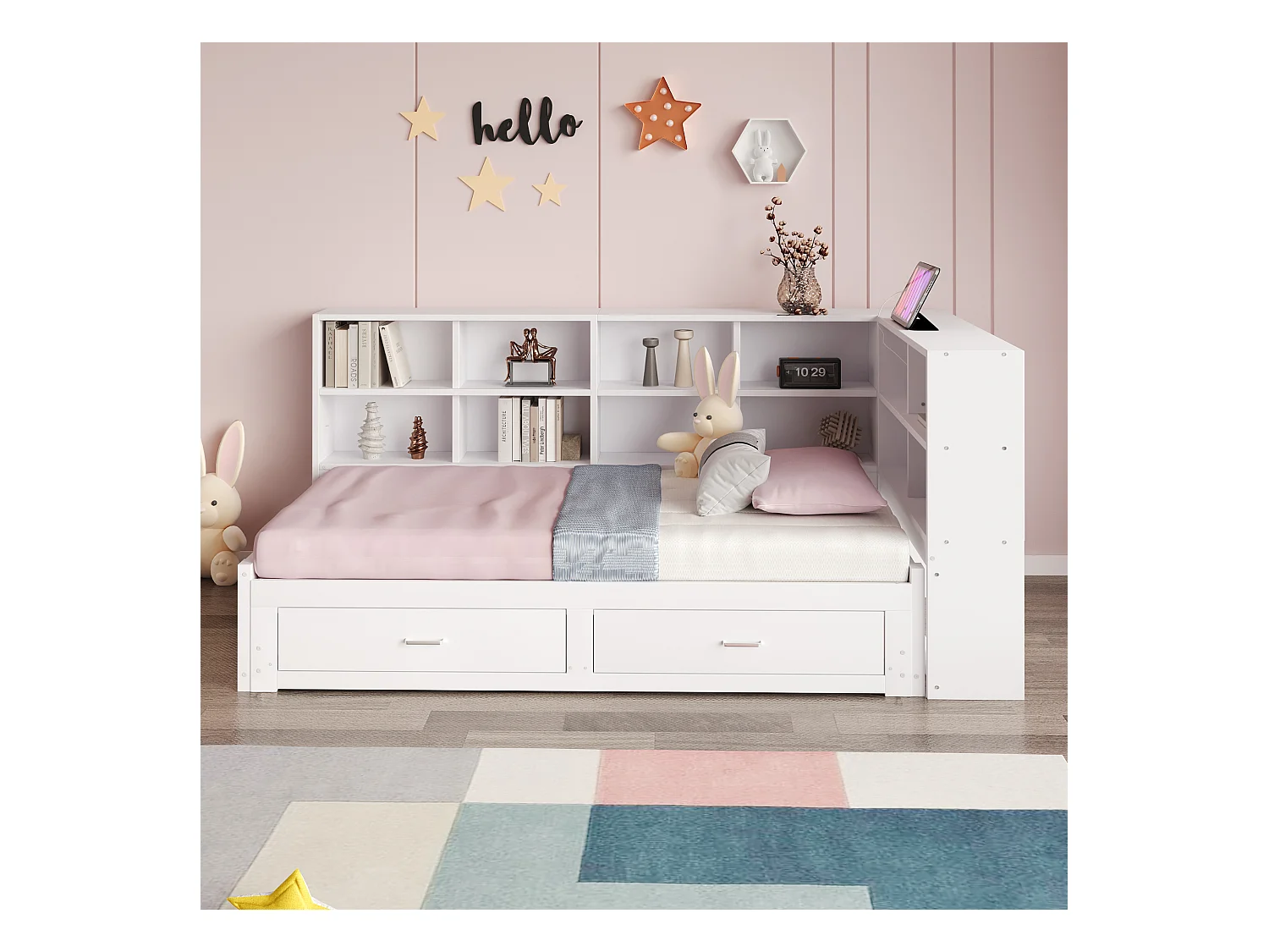 Canapé-lit gigogne - 90/180 x 190 cm - avec compartiment de rangement + 2 tiroirs + prise - Pin + contreplaqué + MDF - blanc