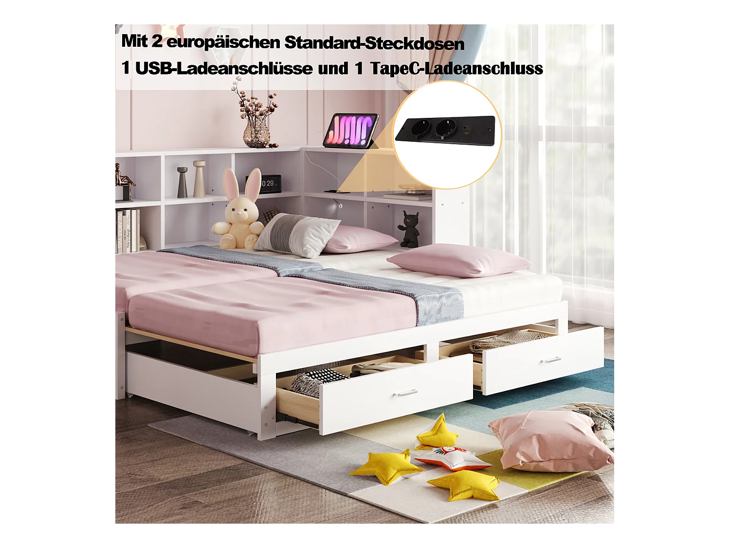 Canapé-lit gigogne - 90/180 x 190 cm - avec compartiment de rangement + 2 tiroirs + prise - Pin + contreplaqué + MDF - blanc