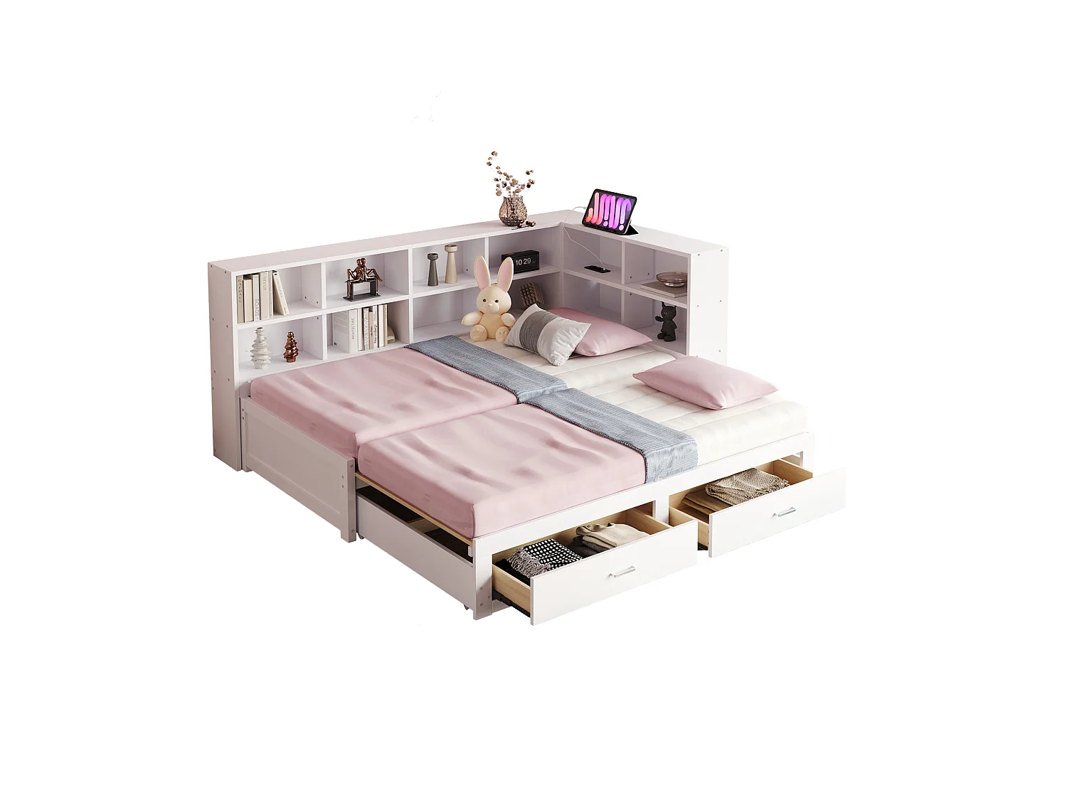 Canapé-lit gigogne - 90/180 x 190 cm - avec compartiment de rangement + 2 tiroirs + prise - Pin + contreplaqué + MDF - blanc