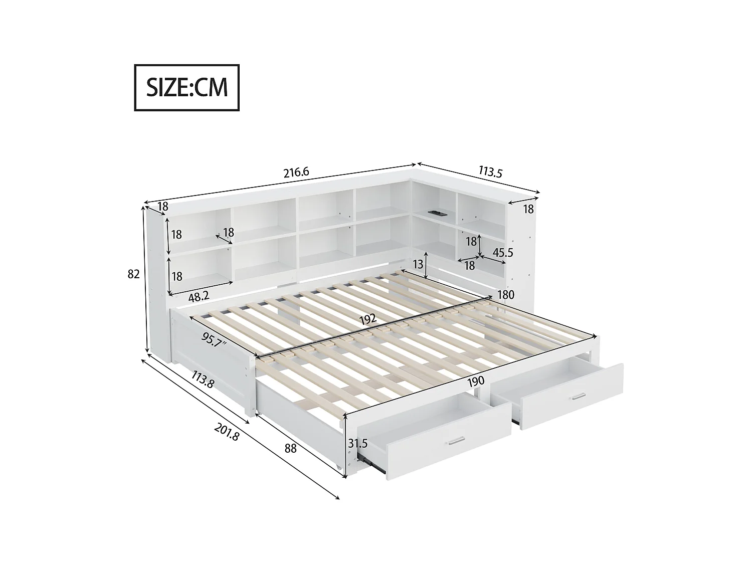 Canapé-lit gigogne - 90/180 x 190 cm - avec compartiment de rangement + 2 tiroirs + prise - Pin + contreplaqué + MDF - blanc