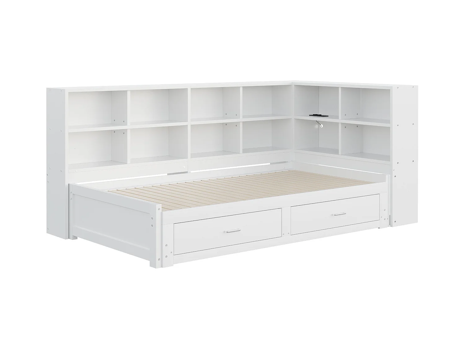 Canapé-lit gigogne - 90/180 x 190 cm - avec compartiment de rangement + 2 tiroirs + prise - Pin + contreplaqué + MDF - blanc