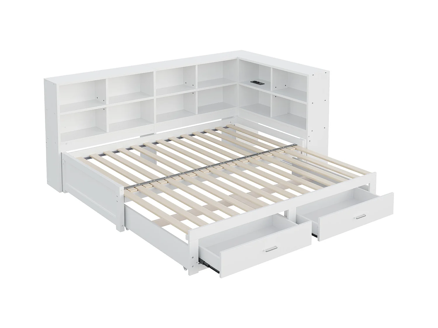 Canapé-lit gigogne - 90/180 x 190 cm - avec compartiment de rangement + 2 tiroirs + prise - Pin + contreplaqué + MDF - blanc