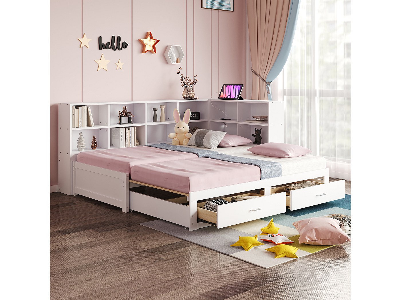 Divano Letto 90x200 Cm Con Letto Estraibile 90x190, Cassetti E Portaoggetti - Bianco - 2