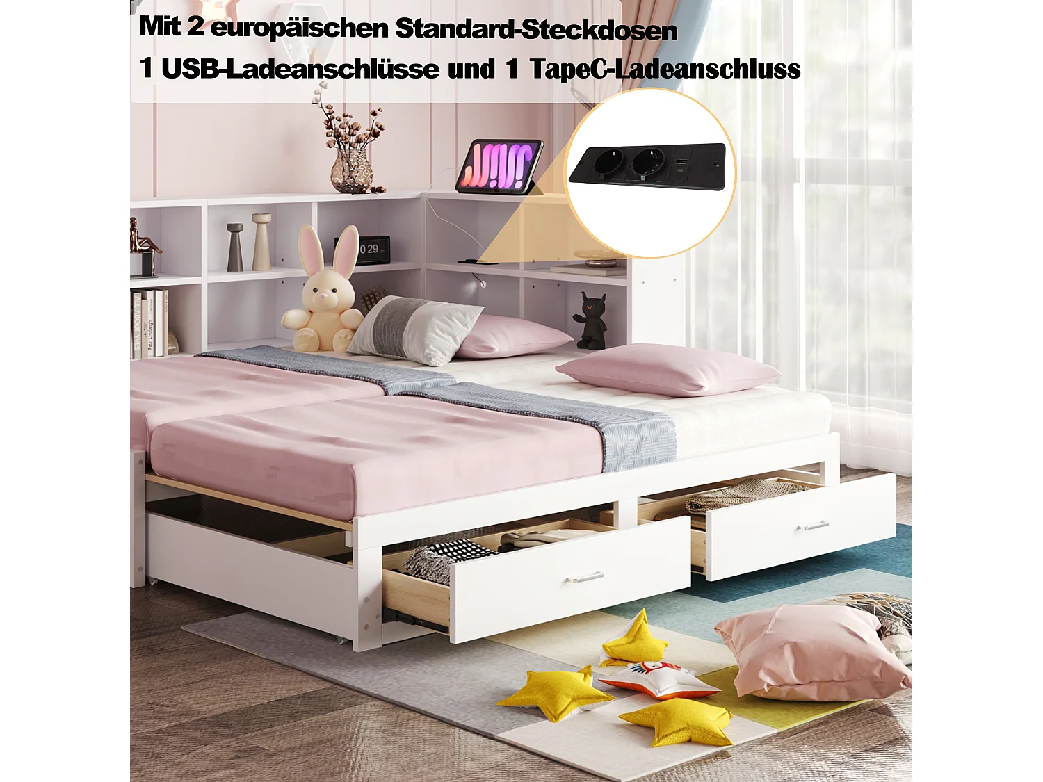 Rozkładana sofa - 90/180 x 190 cm - ze schowkiem + 2 szuflady + gniazdo - sosna + sklejka + MDF - biały