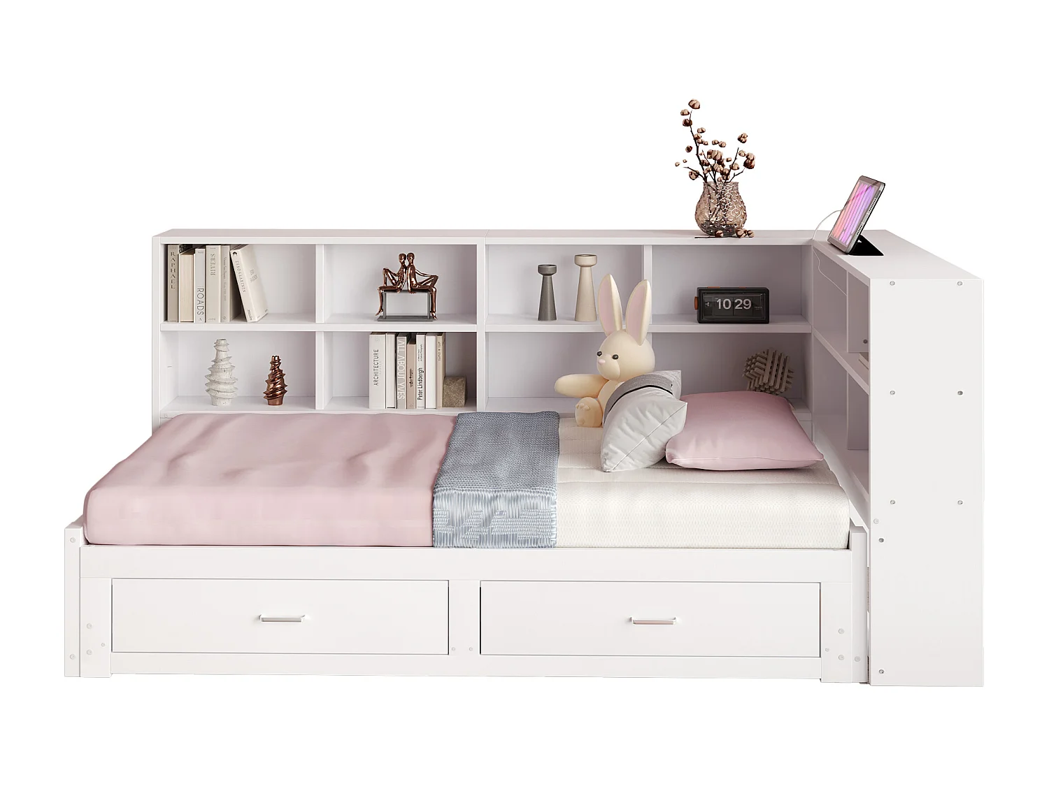 Rozkładana sofa - 90/180 x 190 cm - ze schowkiem + 2 szuflady + gniazdo - sosna + sklejka + MDF - biały