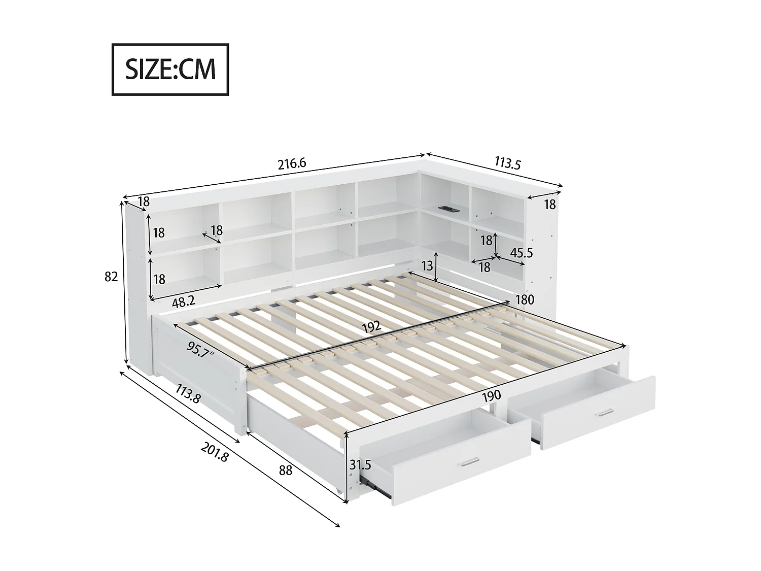 Rozkładana sofa - 90/180 x 190 cm - ze schowkiem + 2 szuflady + gniazdo - sosna + sklejka + MDF - biały